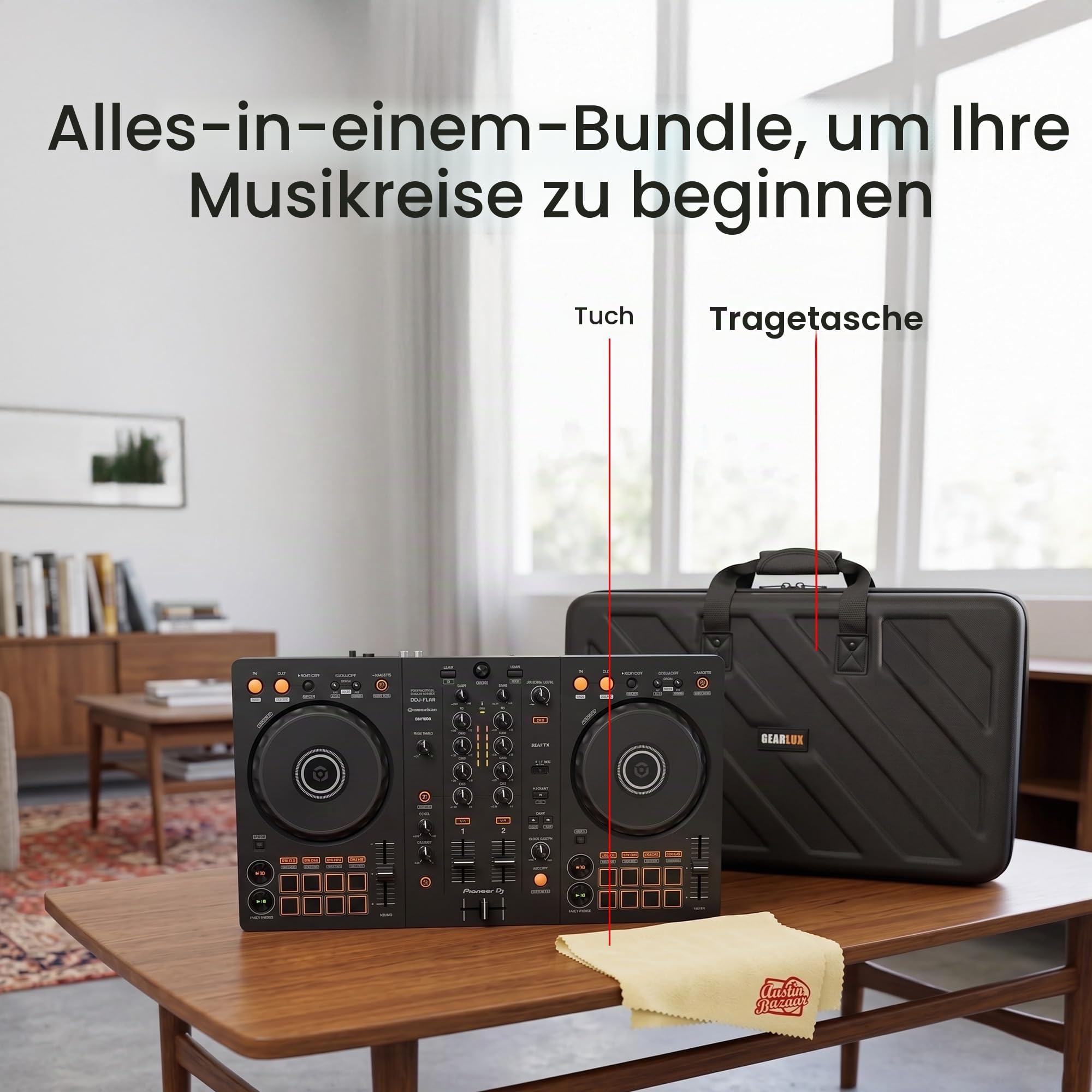 Pioneer DJ DDJ-FLX4 2-K-DJ-Controller – Schwarz Bundle mit Tragetasche und Austin Bazaar Poliertuch