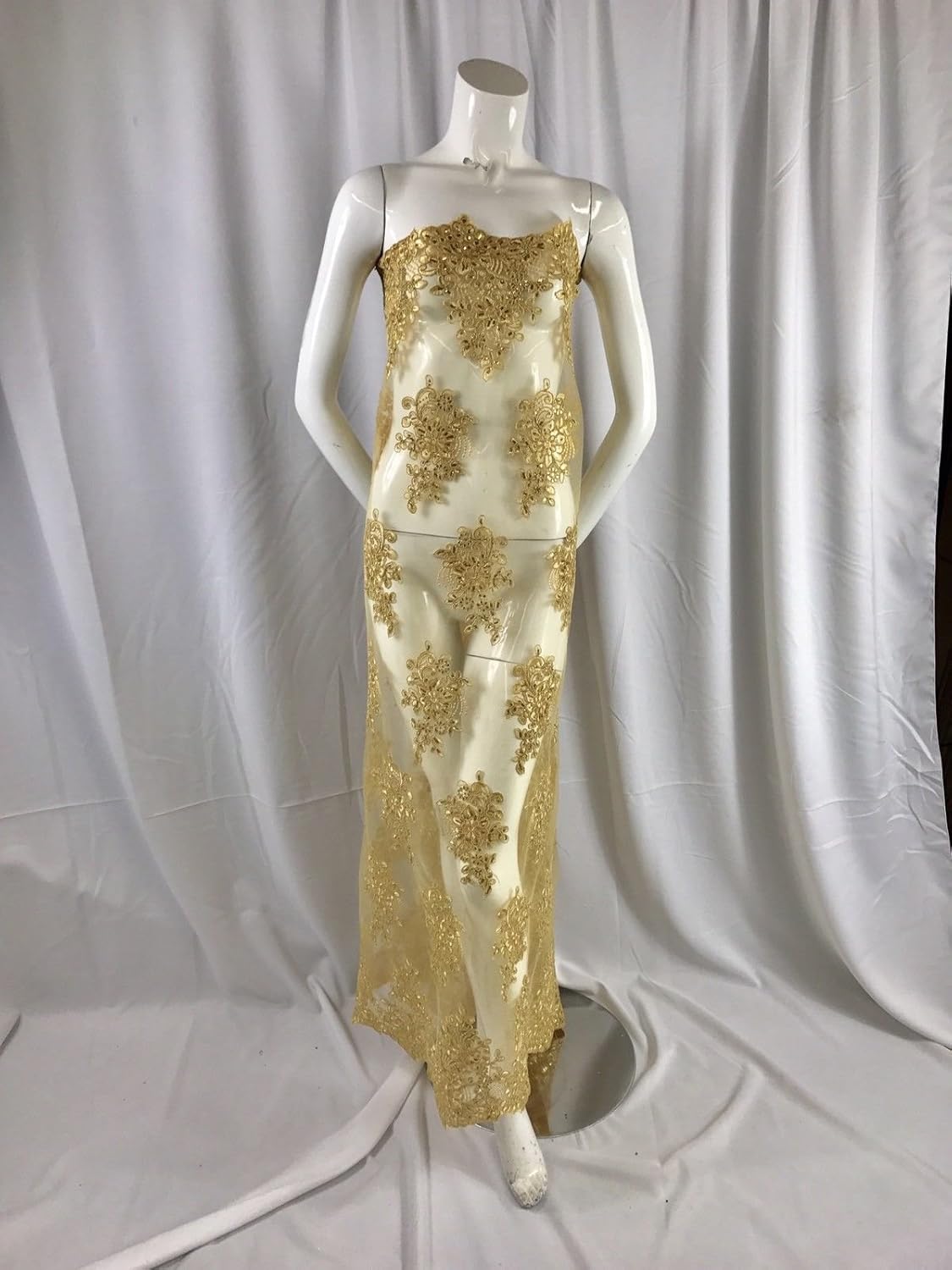 Gold Flower Lace Corded and Embroider with Sequins On A Mesh-Dresses-by The Yard