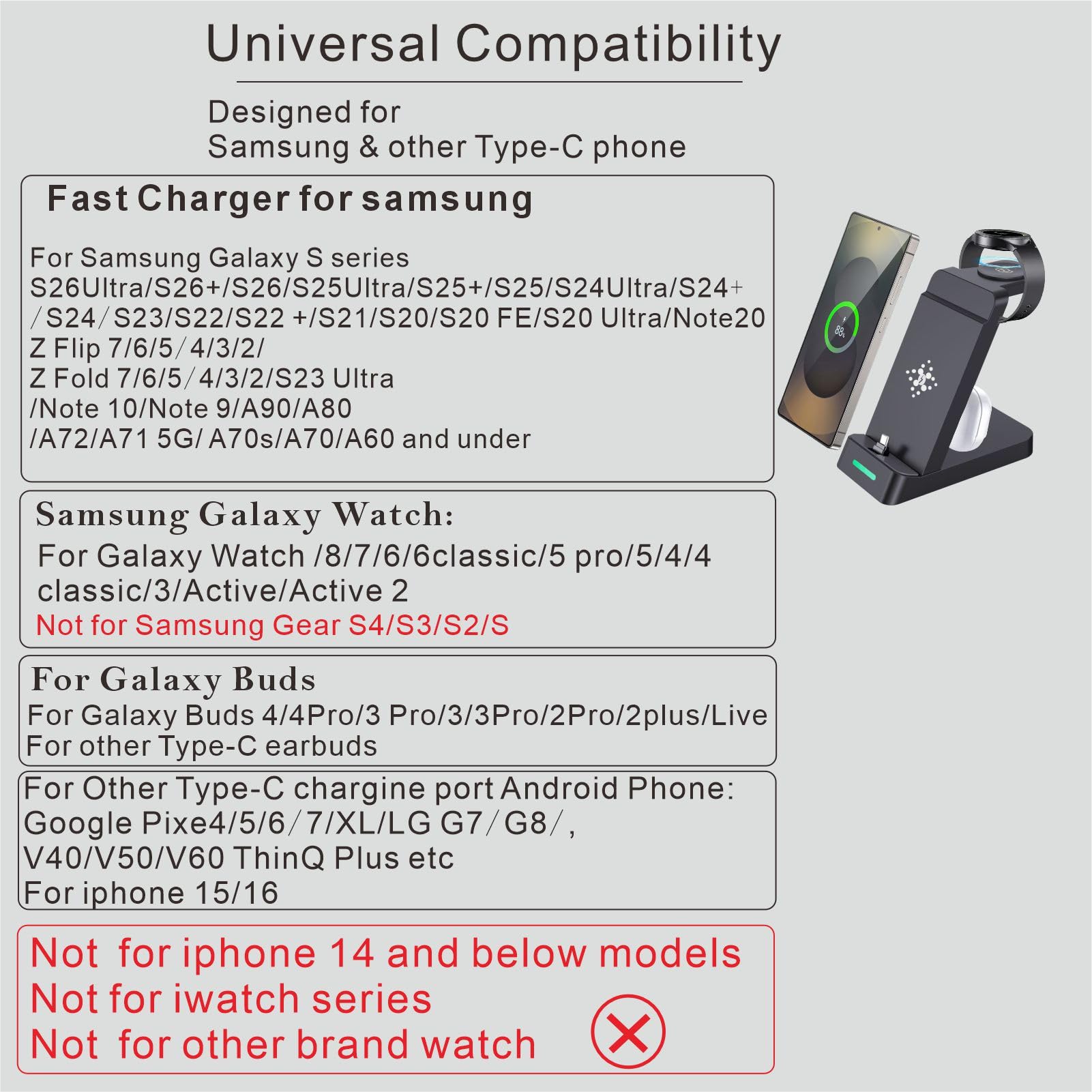 Stacja szybkiego ładowania 3 w 1 do smartfonów Samsung Galaxy, zegarków i słuchawek dousznych, bardzo szybka ładowarka USB C do Samsung Galaxy S25/S24/S23/S22/21/20/Note 20/10, Galaxy Watch Ultra 8/7