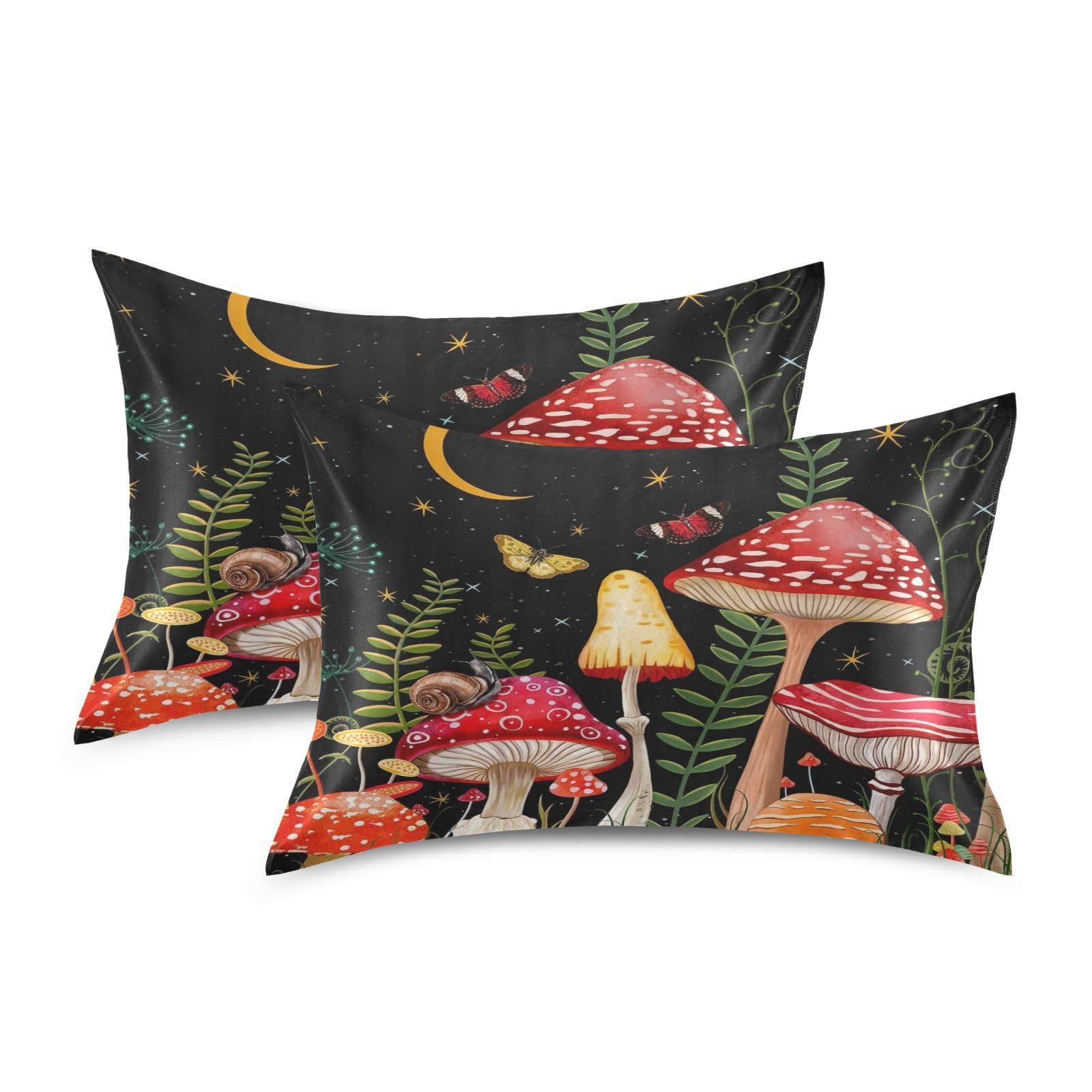 Mushroom Night Satin Pillowcase Silk Pillow Cases for Hair and Skin Slipping Body Pillow Cover with Envelope Closur Standard Size 20x26 Pillowcase Decor for Kids Girls Boys Women Men