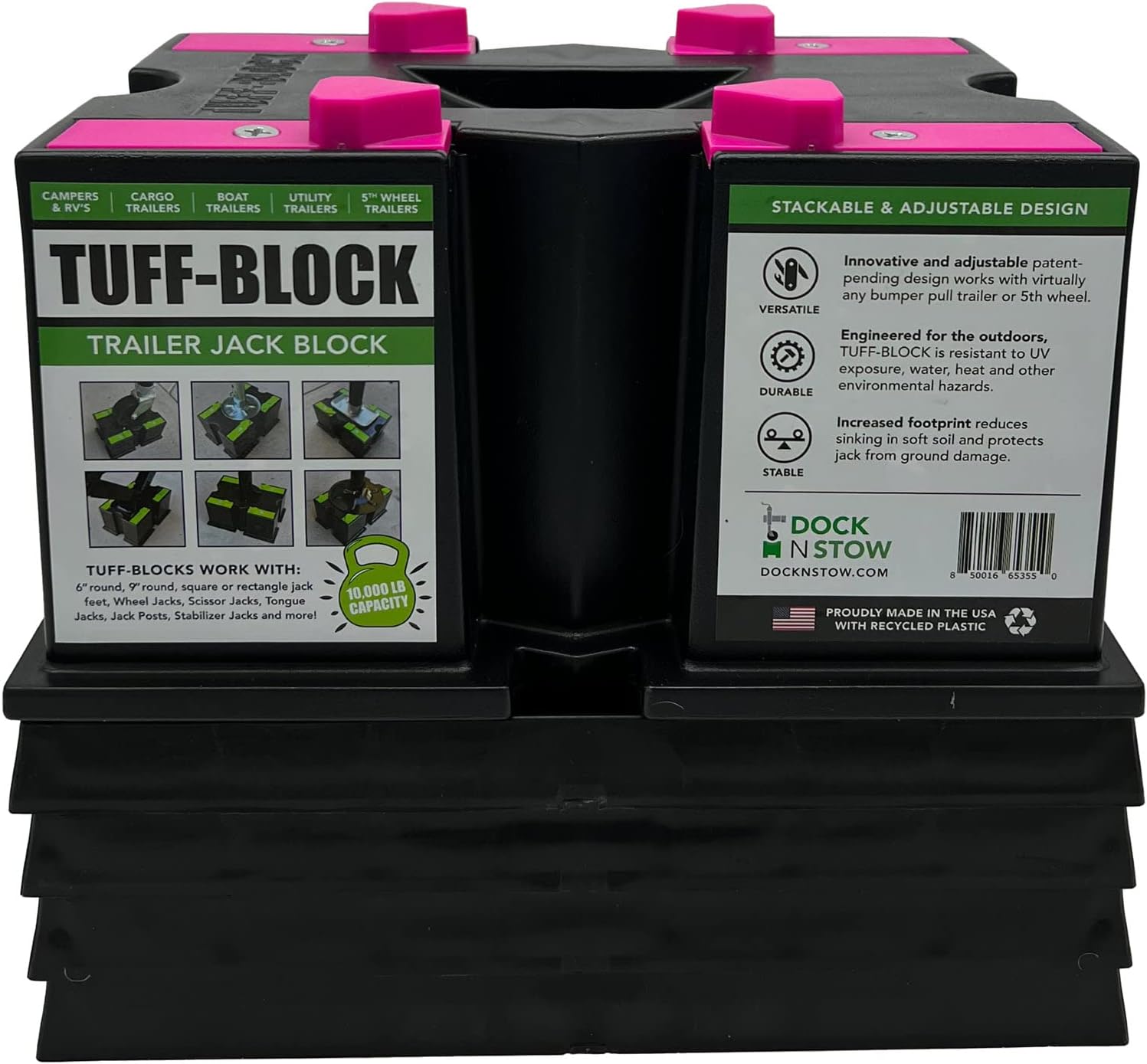 TUFF-Block by Dock N Stow w/ 4 XL Pads Combo – RV Leveling Blocks for Camper, Tongue Jack Stands for Stabilizer Scissor Jacks – Block Stacks on Pads for Added Height – Level Your Trailer (Black)