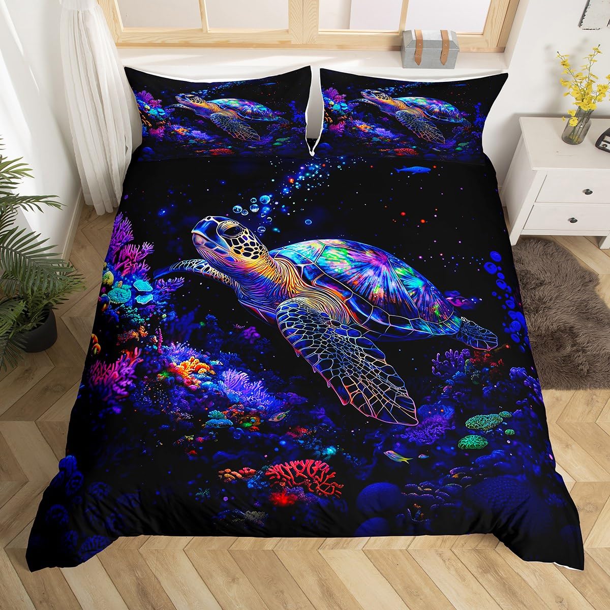 Underwater Sea Turtle Duvet Cover Toddler Size,Nautical Ocean Animals Comforter Cover with 1 Pillowcase,Vintage Mystery Coral Seagrass Bedding Set 2pcs,Black Purple Quilt Cover,Not Comforter