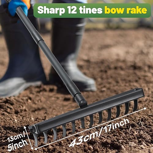 Miniatura 3 de Rastrillo de arco de 60 pulgadas, 12 dientes, rastrillos de cabeza de metal con mango ajustable, rastrillo de paja para recoger paja aflojando el