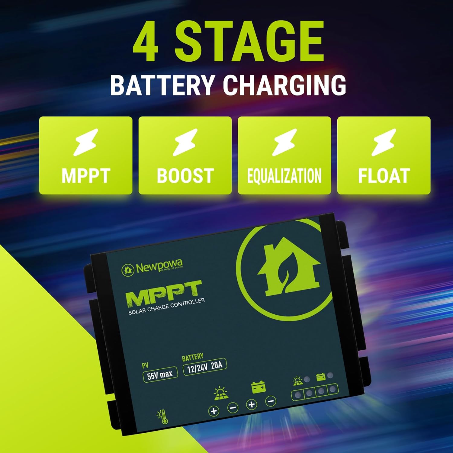 Newpowa 20A MPPT Solar Charge Controller 12/24V DC Compact Design LED Indicator Off Grid Solar Panel Adjustablefor AGM, Gel, Flooded and Lithium Battery