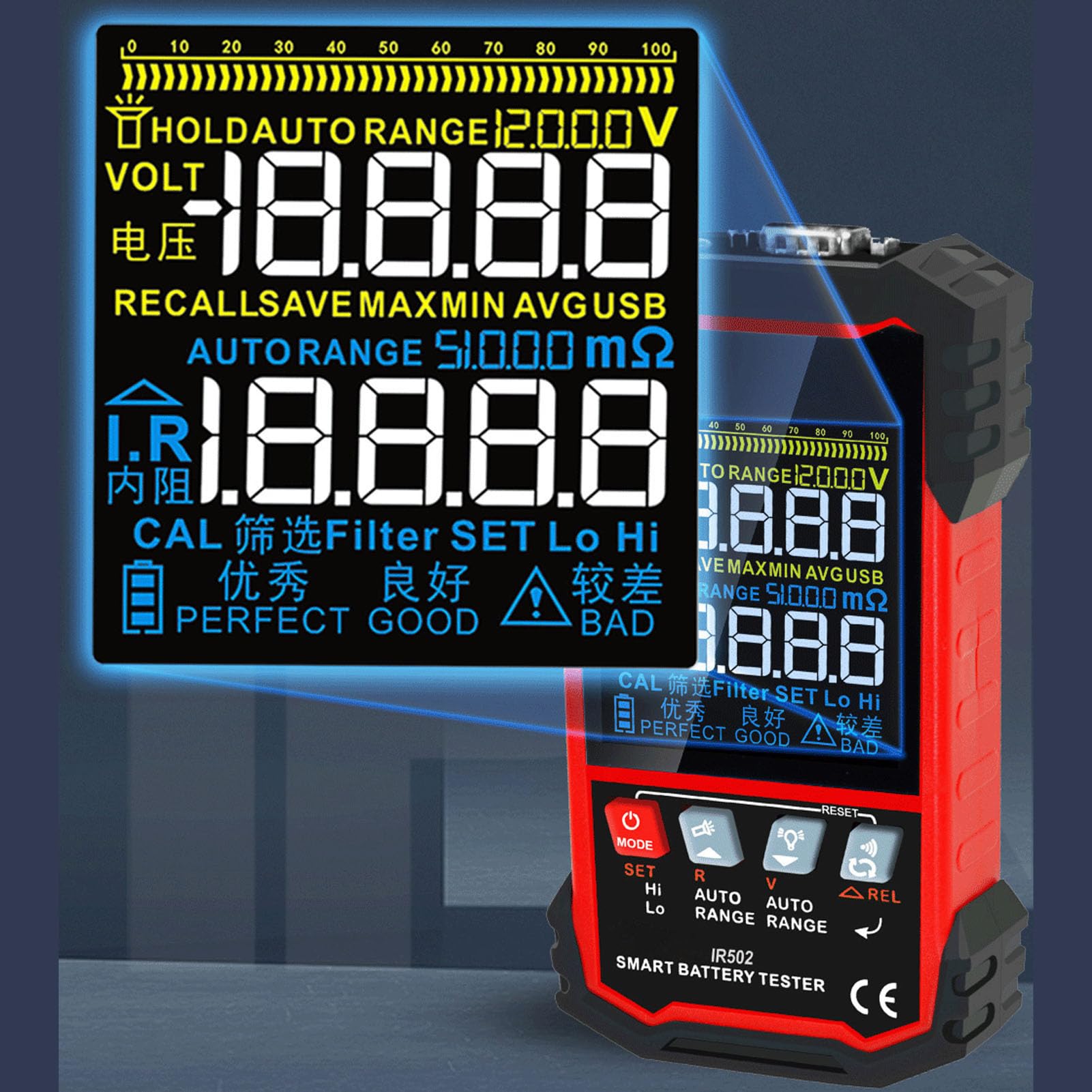Domary Analyseur de Batterie Automatique, Testeur de Résistance Interne Multifonctionnel pour Voiture et Petites Batteries, écran rétroéclairé 3.2 Pouces