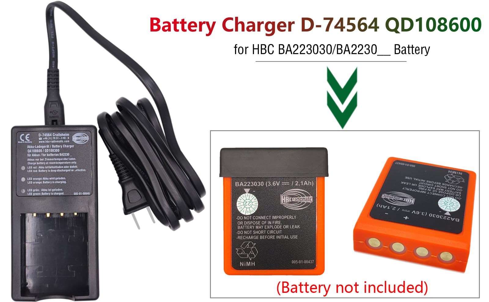 D-74564 ładowarka 120 V do akumulatora 3,6 V 2100 mAh BA223030 BA223000 HBC do pilota zdalnego sterowania HBC, AC 100 V ~ 240 V QA108600