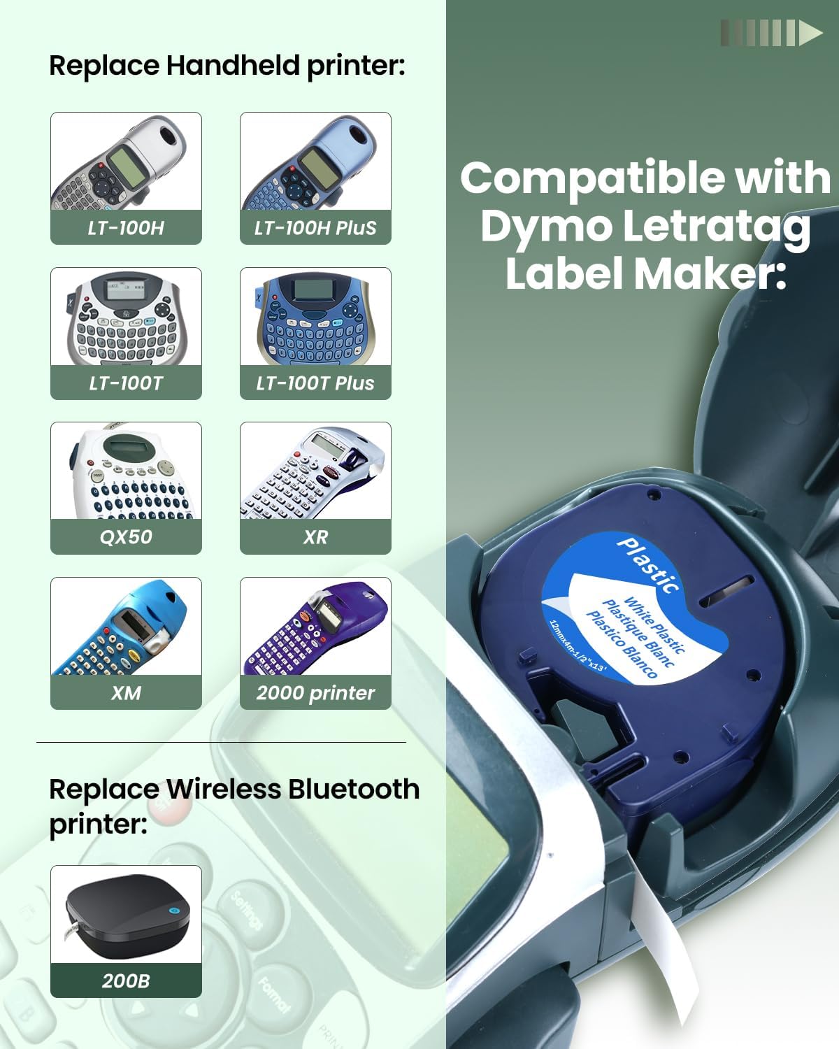 Compatible with Dymo Label Maker Refills Tape, 12 mm x 4 m (1/2" x 13'), Compatible with Dymo Letratag Refills Plastic Tape for 200B LT-100H 100T Plus, 5-Pack, Black on White/Yellow/Red/Blue/Green - Image 2