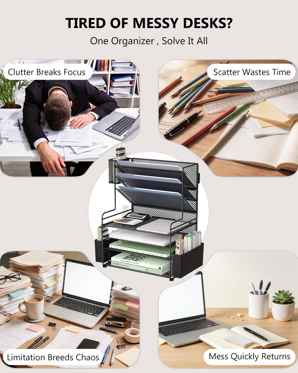 WALI Desk File Organizer, 7 Tier Desktop Paper Letter Tray Organizer with Drawer and 3 Pen Holders, Office Desk Accessories & Workspace Organizers for Office, Home, School Supplies, 1 Pack, Black view 2