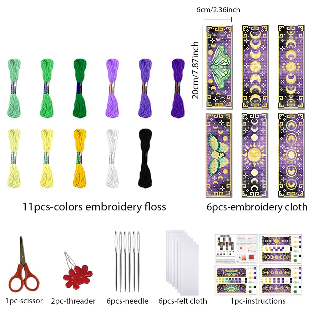 FREEBLOSS 6 Set Cross Stitch Bookmark Kits for Beginner Butterfly Moon Phases Stamped Cross Stitch Kit DIY Embroidery Bookmark Kit with Instructions 8" x 2.4" - Image 2