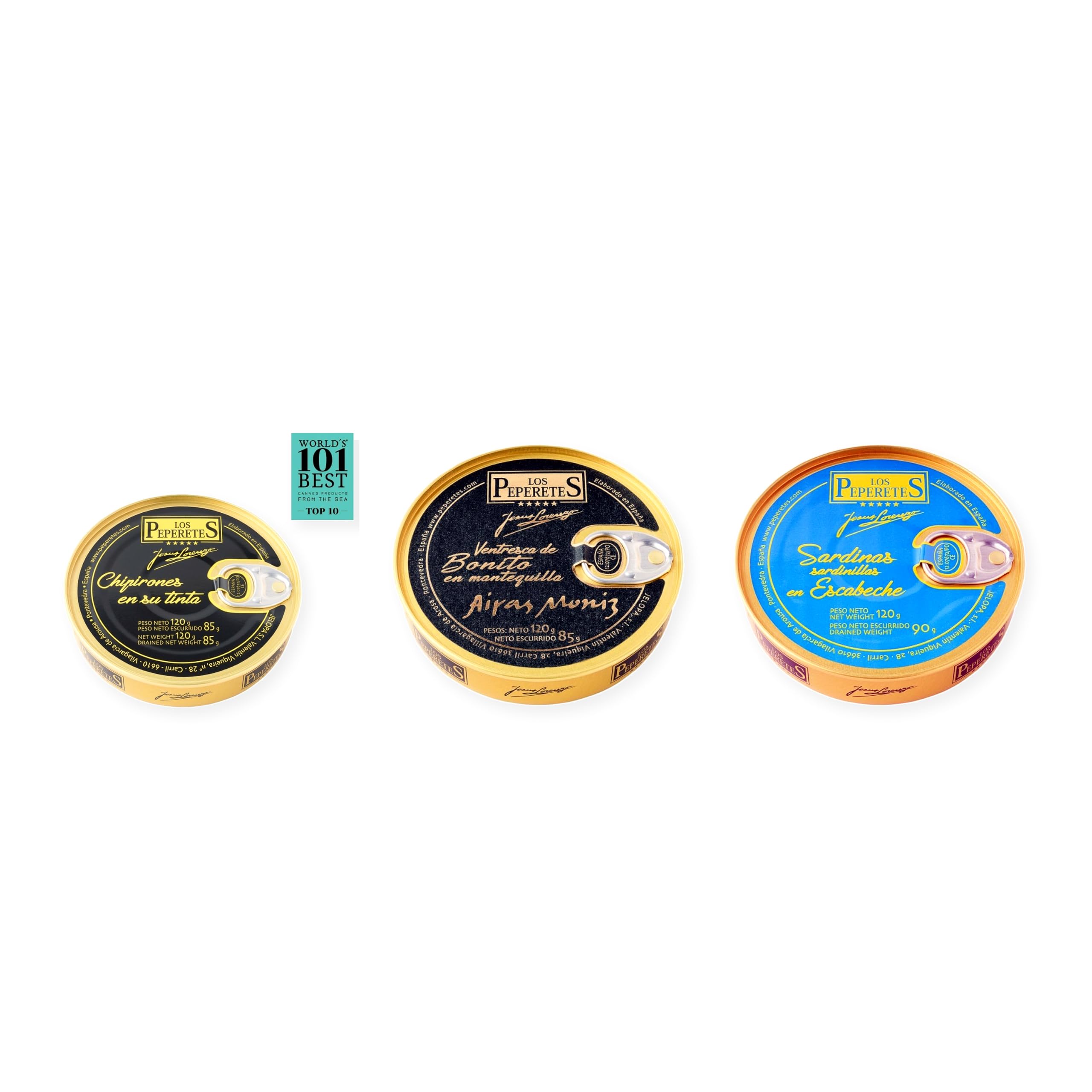 los peperetes conservas Chipirones Tinta 120g, Ventresca Bonito Mantequilla y Sardinillas Escabeche pack 3 latas
