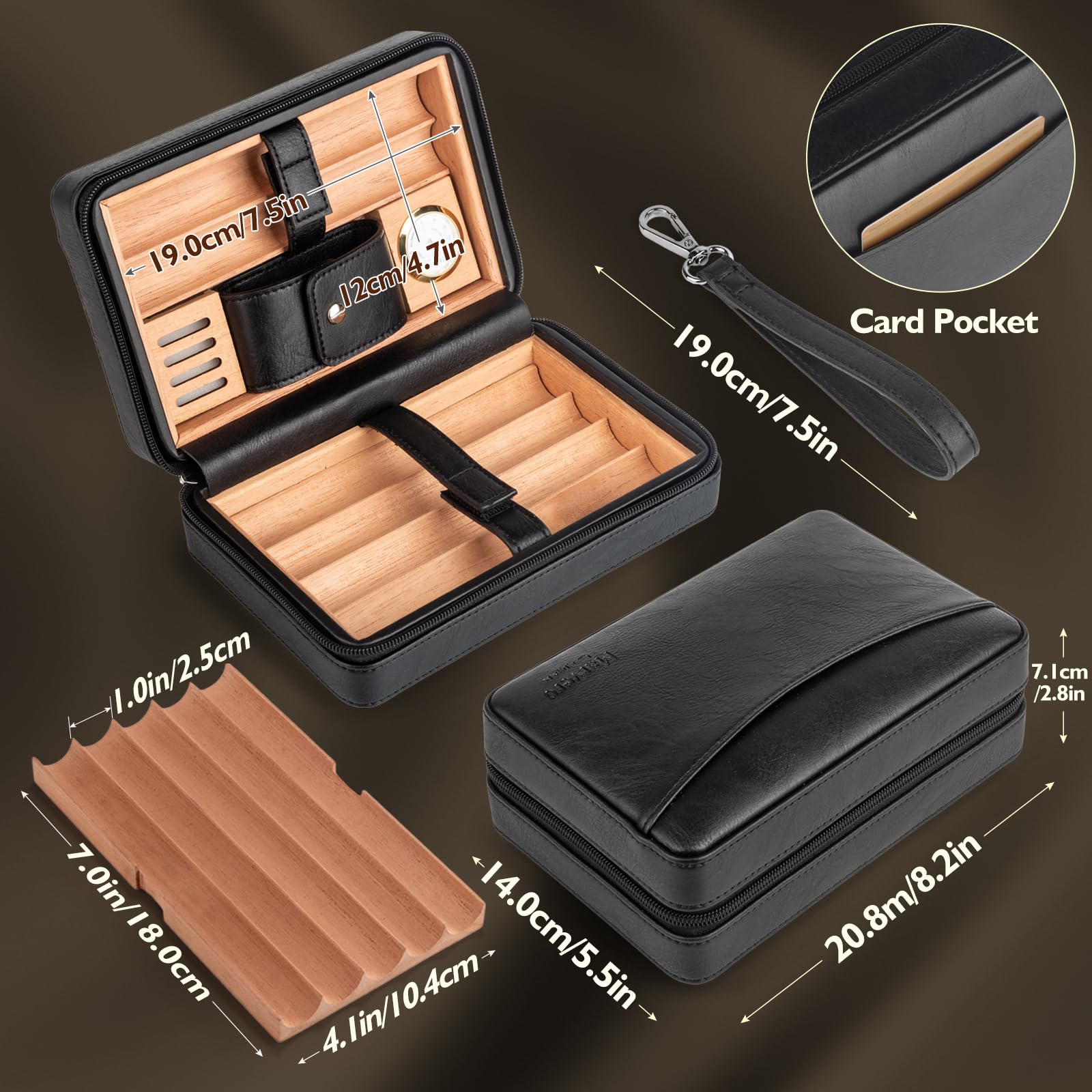 Humidor de Viaje de Cuero para 6 con Higrómetro y Encendedor | Estuche de cuero con cedro, higrómetro y humidificador; 6 puros; incluye encendedor de doble llama, cortador en V y punzón