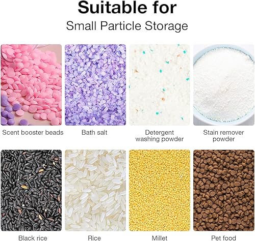 Miniatura 6 de Dispensador de perlas de aroma, dispensador de detergente de lavandería montado en la pared con 2 tazas para arroz, frijoles, cuentas de lavandería,