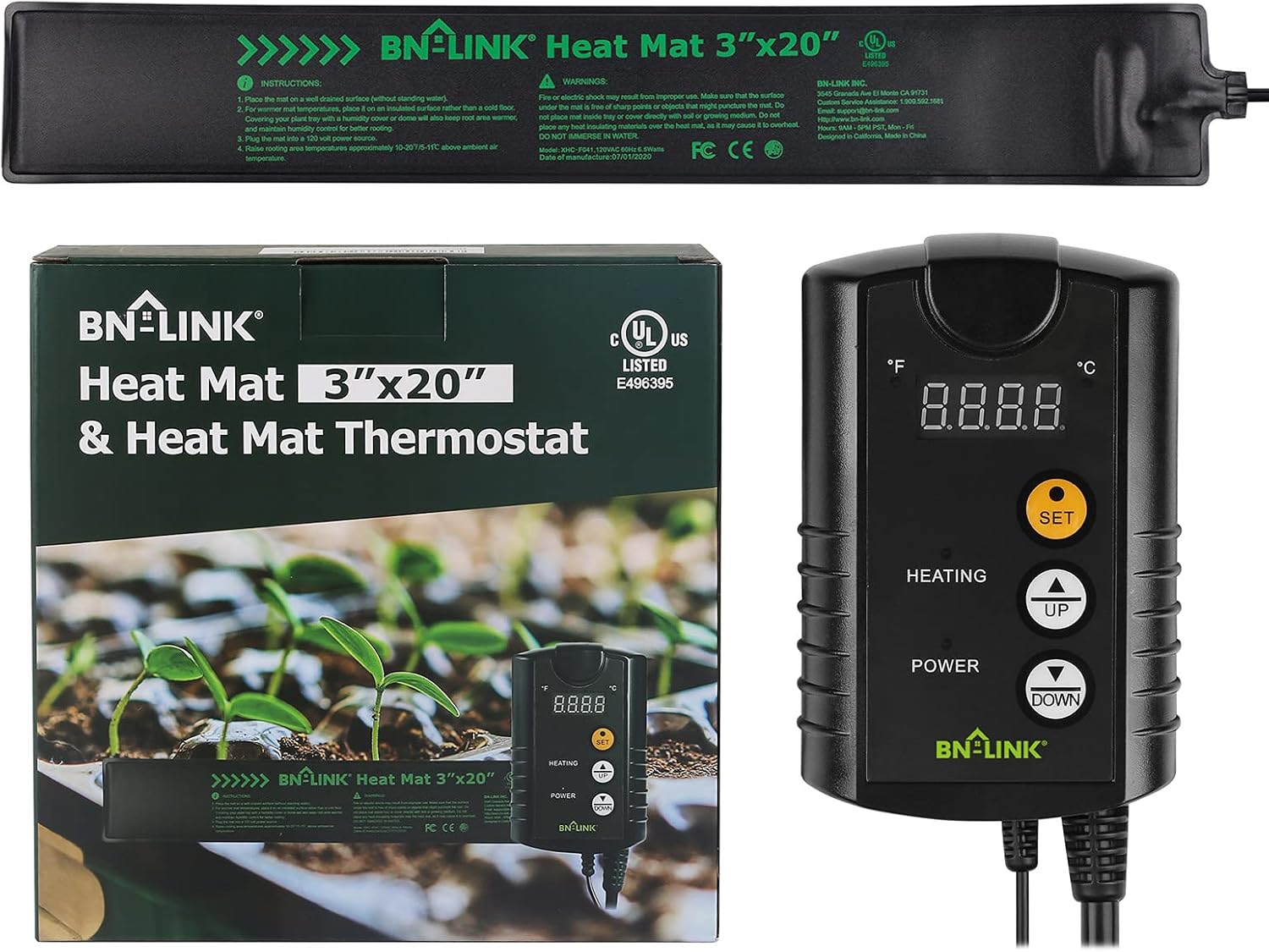 BN-LINK Durable Seedling Heat Mat Heating Pad 3" x 20" with Digital Thermostat Controller Combo Set Waterproof for Indoor Seed Starting and Plant Germination