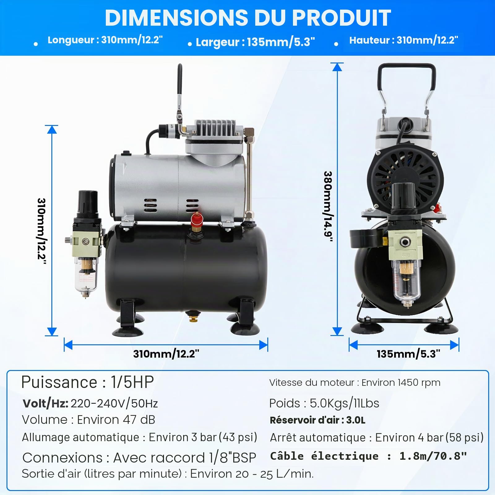 Kit d'aérographe avec compresseur d'air, avec un débit d'air puissant et une pression,pour passe-temps, Coloration de modèles,Nail Art Airbrush,Remise à neuf de meubles