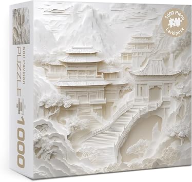 3 D White Landscape Puzzles for Adults 1000 Pieces, Chinese Nature Plant Scenic Paper Cut Jigsaw Puzzles, Challenging Art Pure White Mountain Scenery Puzzle