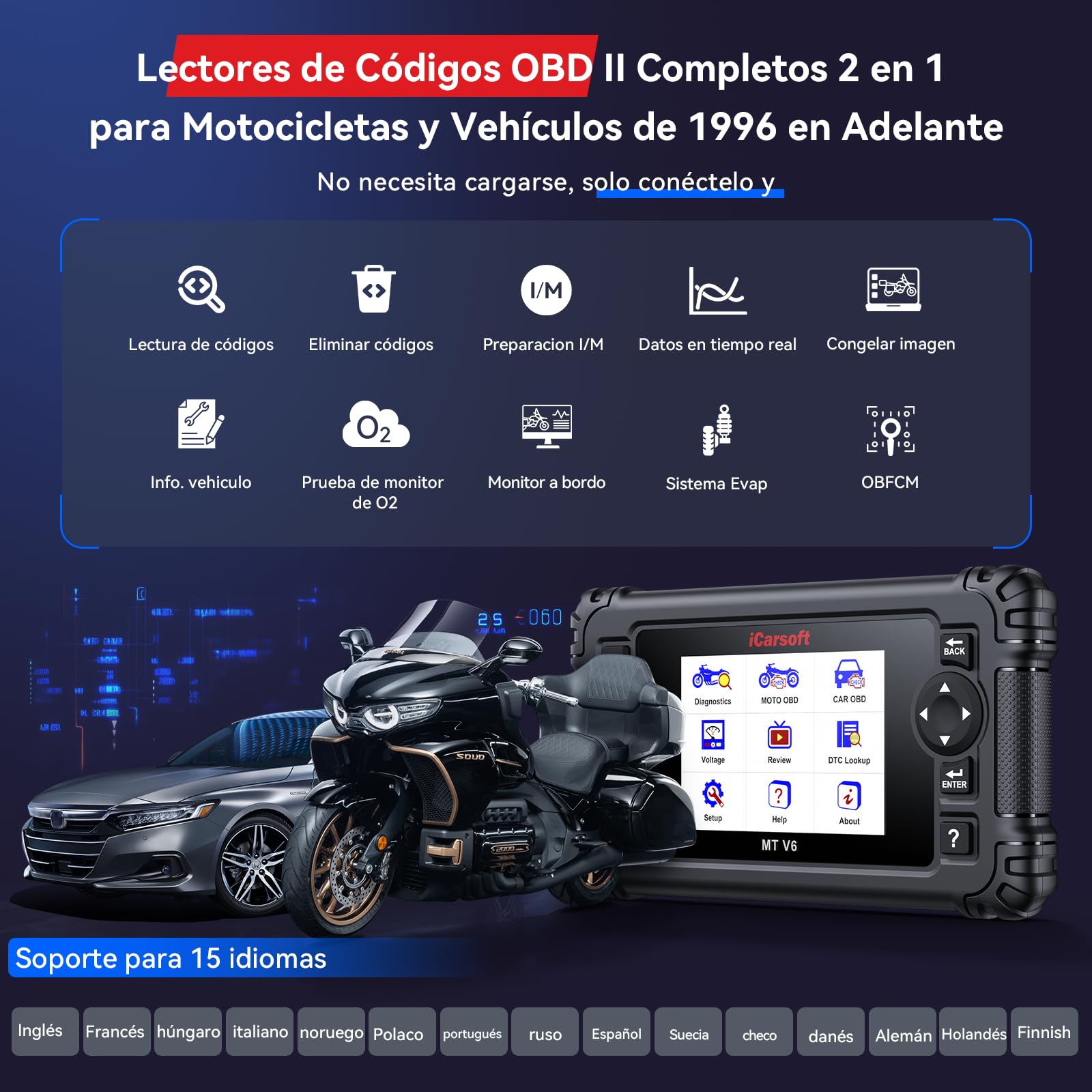iCarsoft MT V6 para Honda Moto, Herramienta de Diagnosis de Sistema Completo, 7 Servicios, Lector de códigos de Motor con Vin automático, Prueba de batería y actualización de por Vida.