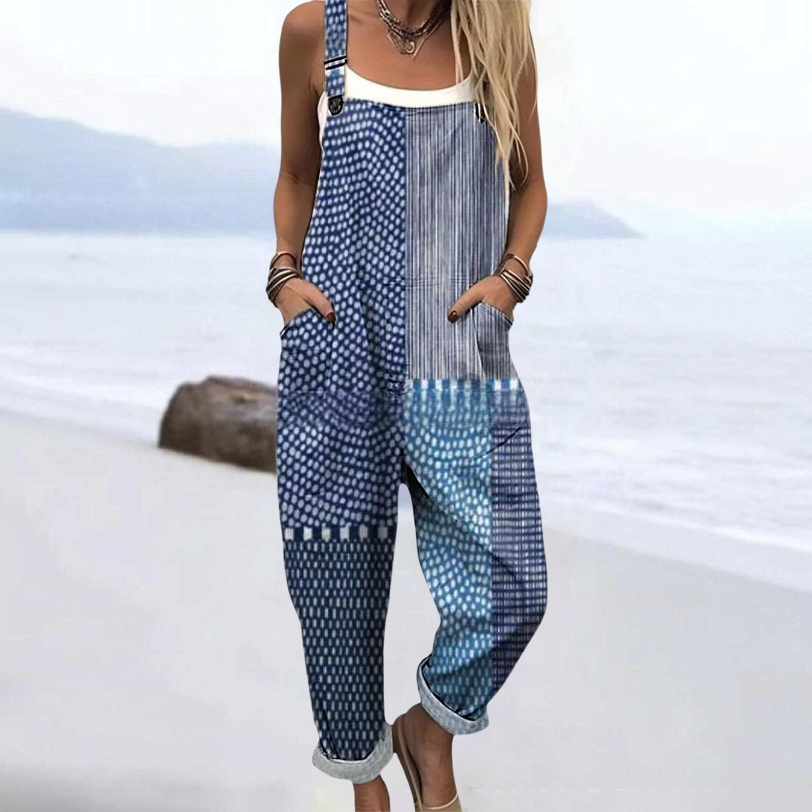 Salopettes Femme Ample Combinaison Sans Manches Jambes Larges Pantalon Avec Poches et motif floral Jumpsuit De Sport Grande Taille Style Bodysuit Bohème Vacances Overalls Casual Salopettes Bretelles
