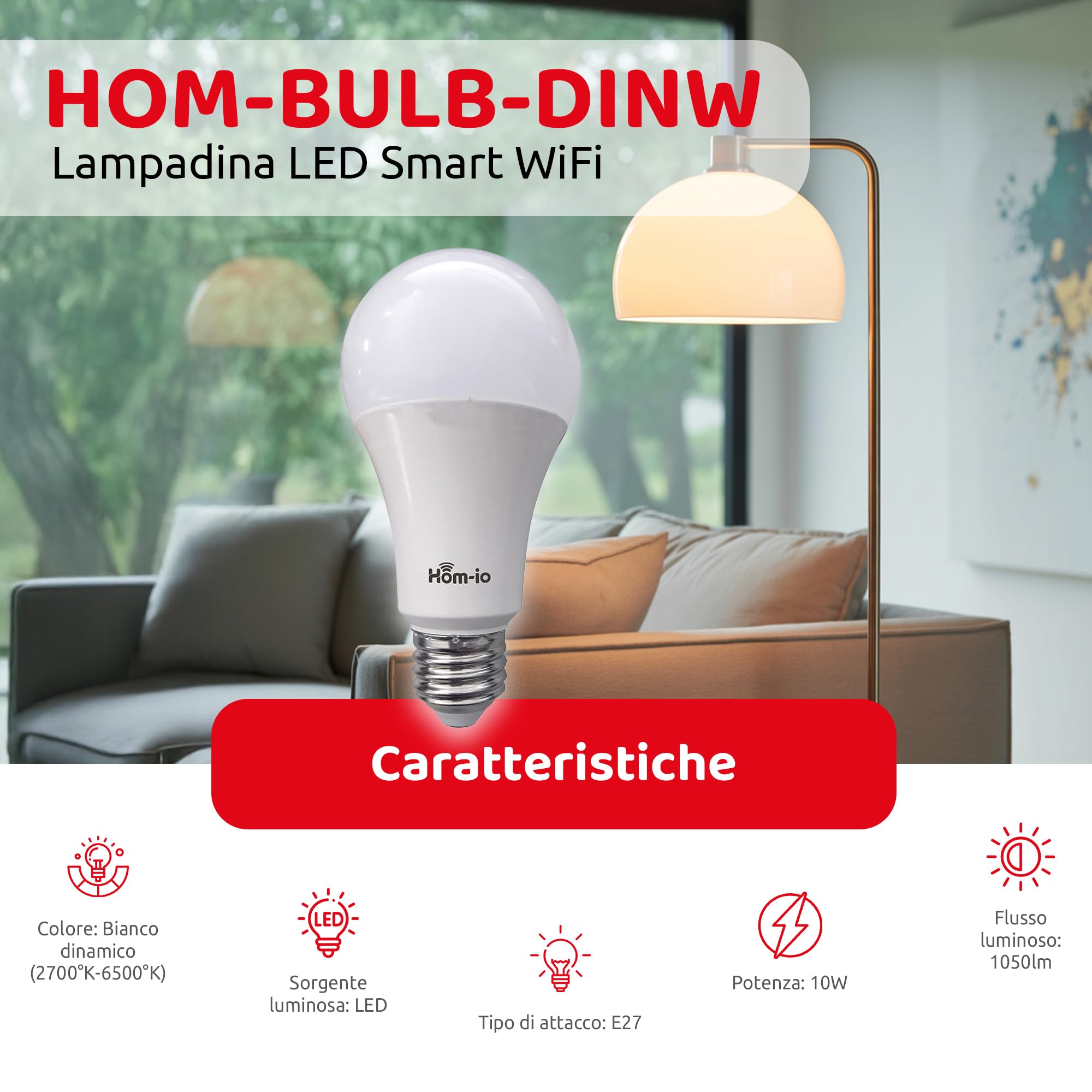 Hom-io la tua smart home Żarówka Smart WiFi E27 w2700K-6500K 10W 1050lm - przyciemniana, hom-io, dynamiczna biel 2700-6500