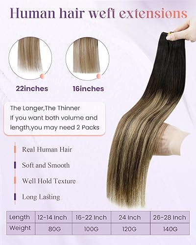 Miniatura 183 de LaaVoo Extensiones de cabello humano real para coser, extensiones de cabello humano de doble trama, color negro azabache, 18 pulgadas, 3.53 onzas