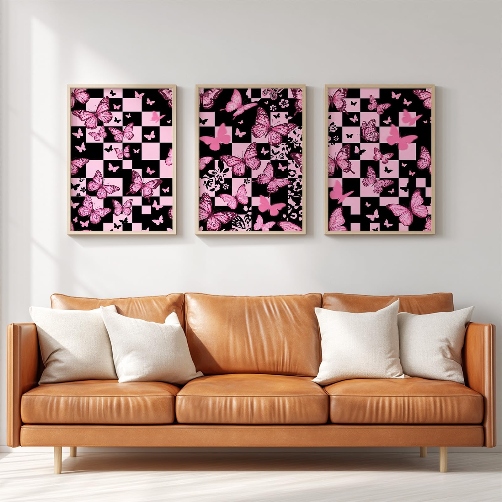 Generisch Juego de 3 pósteres Y2K a cuadros, cuadros negros y rosados, mariposas en negro, para salón, dormitorio, comedor, arte de pared, sin marco, lienzo (40 x 60 cm)