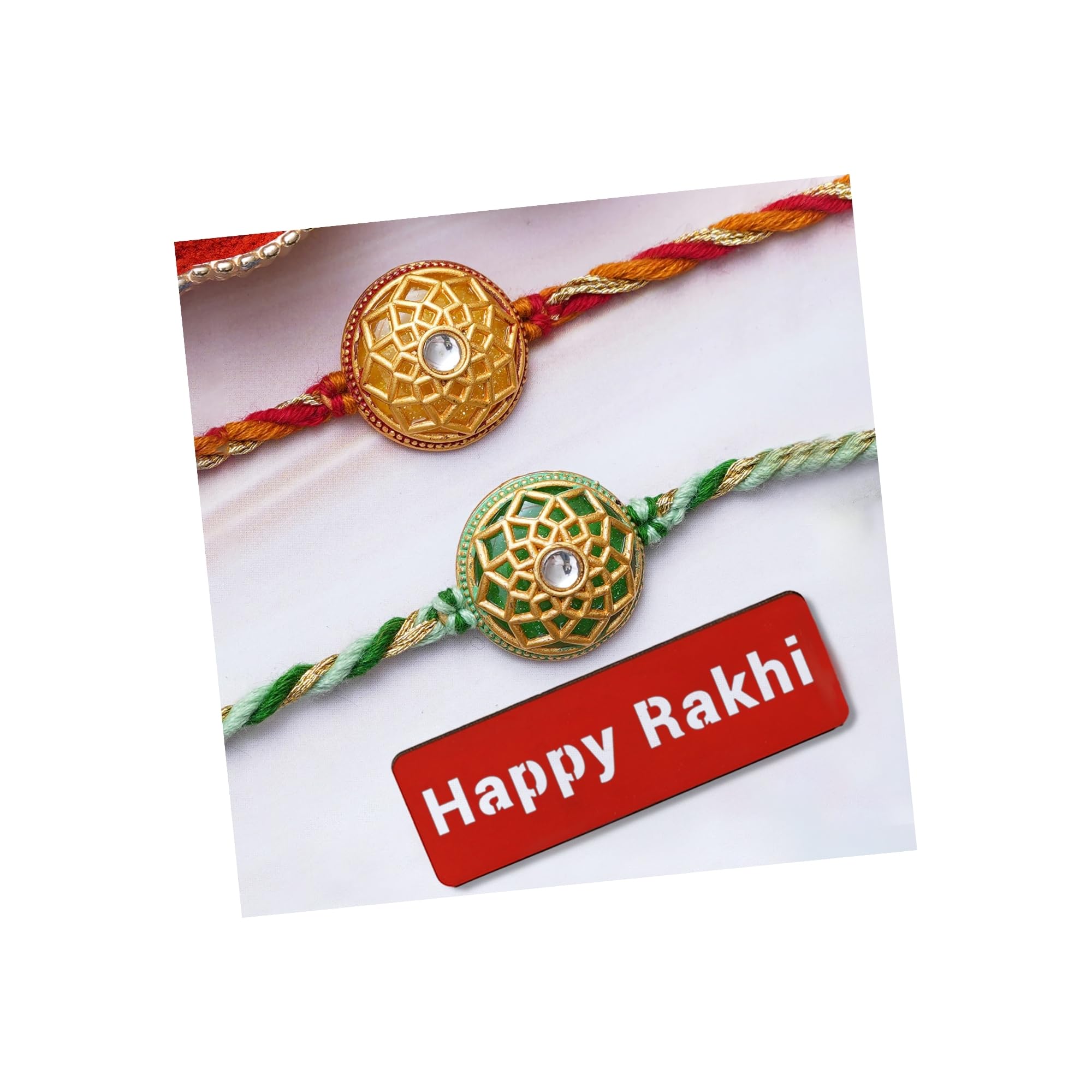 eCraftIndia Set of 2 Green & Yellow Flowers Designer Rakhis, Happy Rakhi Wooden Cutout with Roli Chawal Pack - Rakhis for Brother, Bhabhi, Kids (B0D1CFQ1K9) Amazon Price History, Amazon Price Tracker