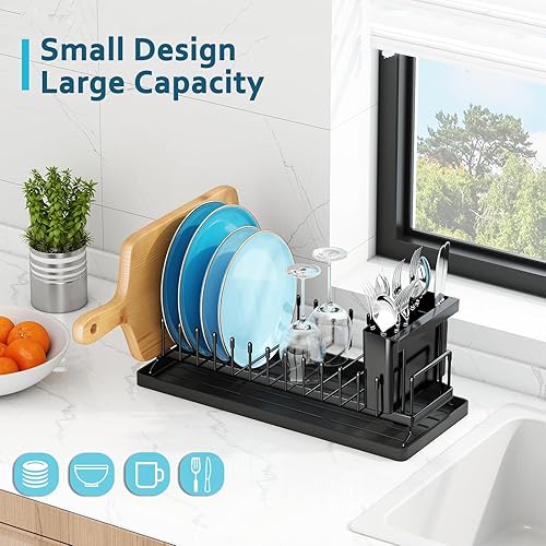 Miniatura 2 de ANTOPY Escurridor de platos pequeño  Escurridor compacto para encimera de cocina con tapete de secado de platos de silicona, escurridor de platos de