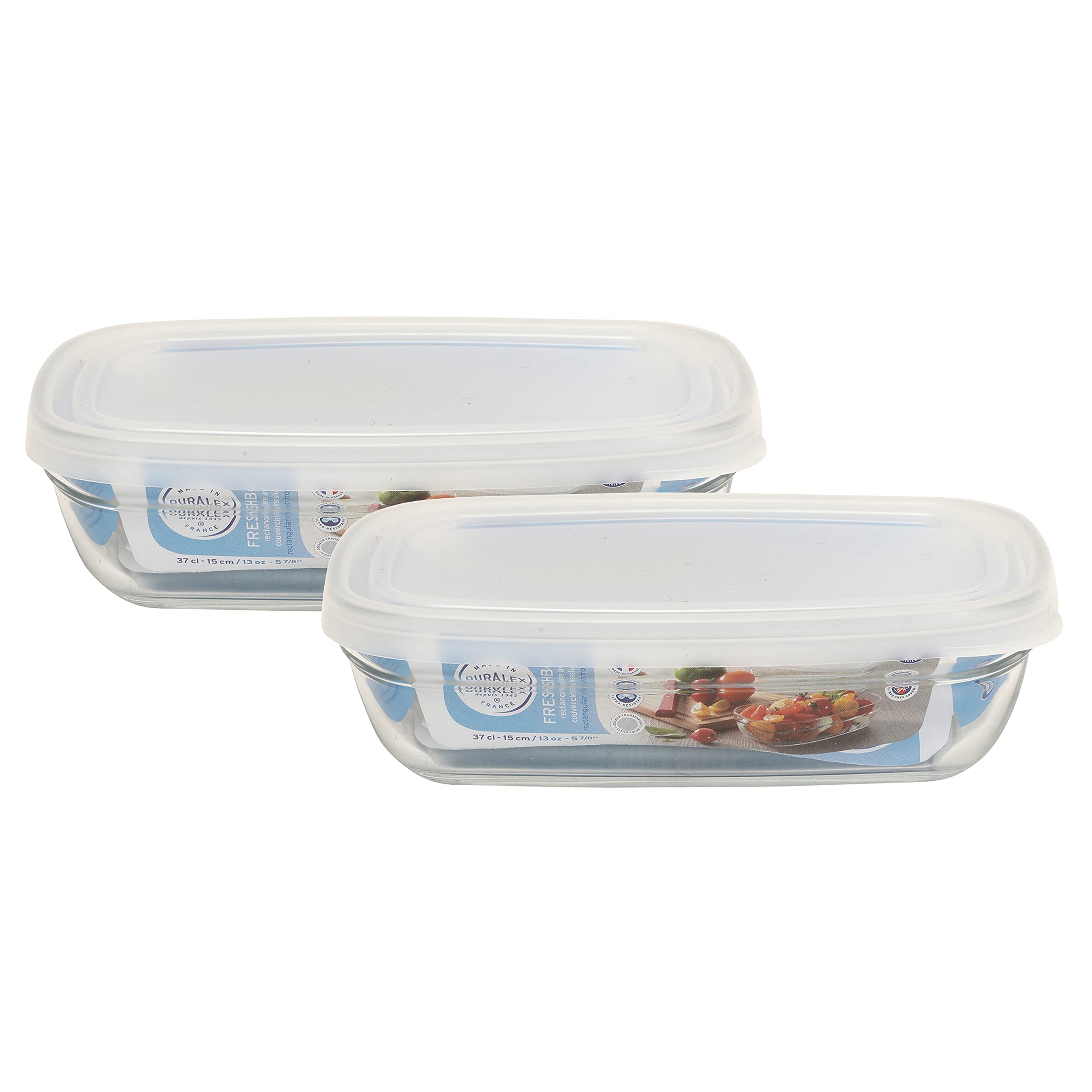 Duralex Tempered Glass Freshbox Clear Rec 5 7/8" 370 Ml with Frosted Lid 2 Pcs (9060Am/2), Transparent, Medium
