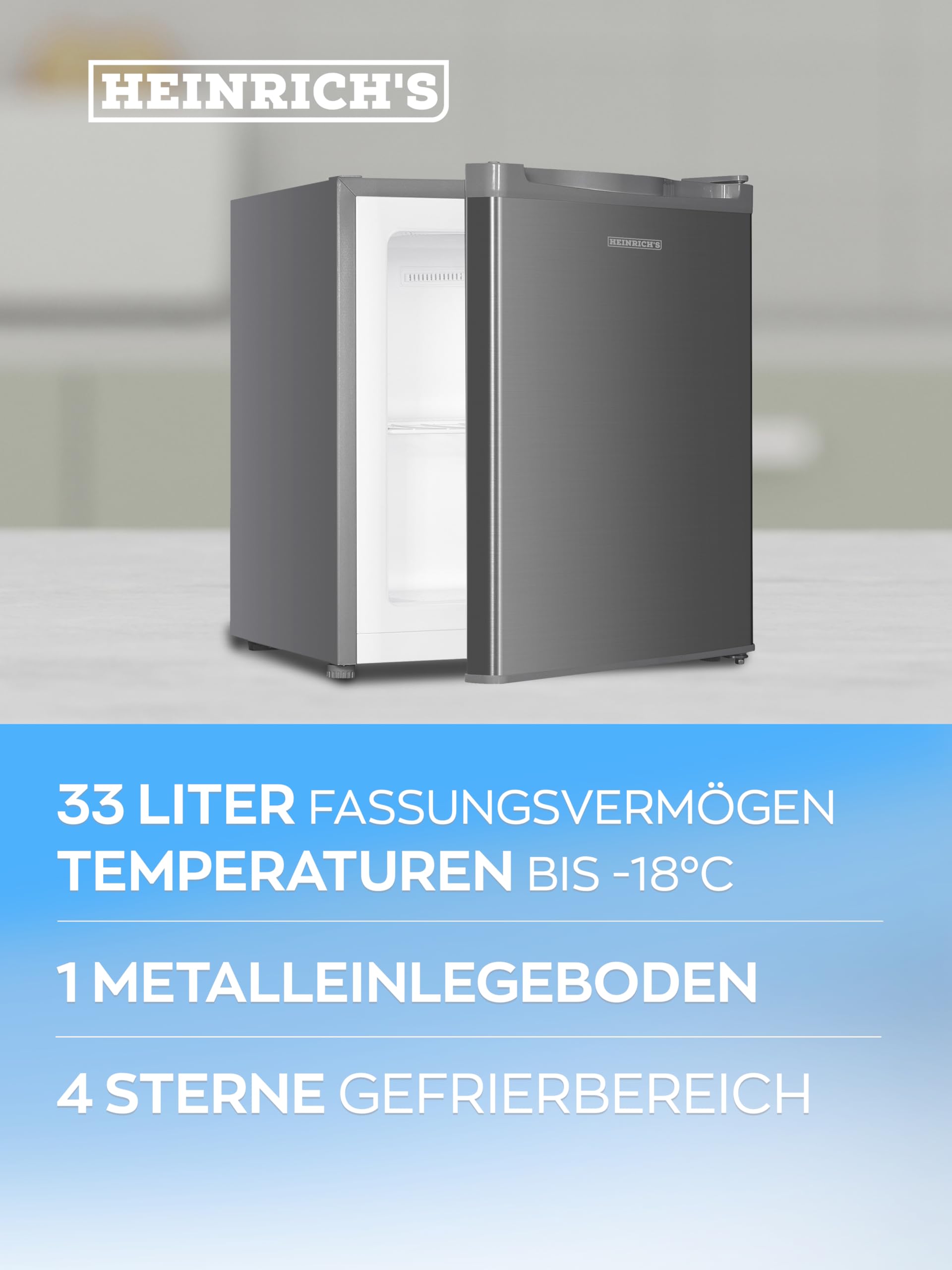 HEINRICHS Mini Gefrierschrank 33L klein kompakt leise:40dB Gefrierbox; wechselbarer Türanschlag; mini Tiefkühltruhe bis zu -18°C,Tiefkühlschrank,perfekt für Büro Camping Outdoor Heinrich´s (inox)