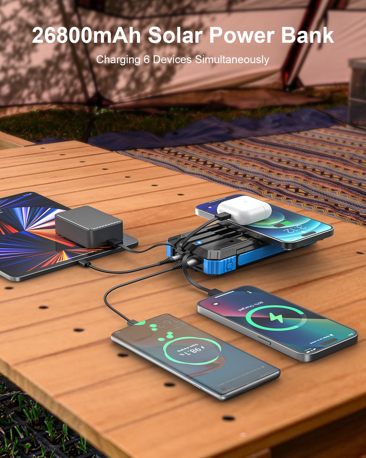 Solar Powerbank, 26800 mAh Tragbares Ladegerät mit 4 Integrierten Kabeln, Solar-Akkuladegerät mit USB-C Schnellladung, Qi-Wireless-Charging mit LED-Taschenlampen für Handys, Tablets und Camping