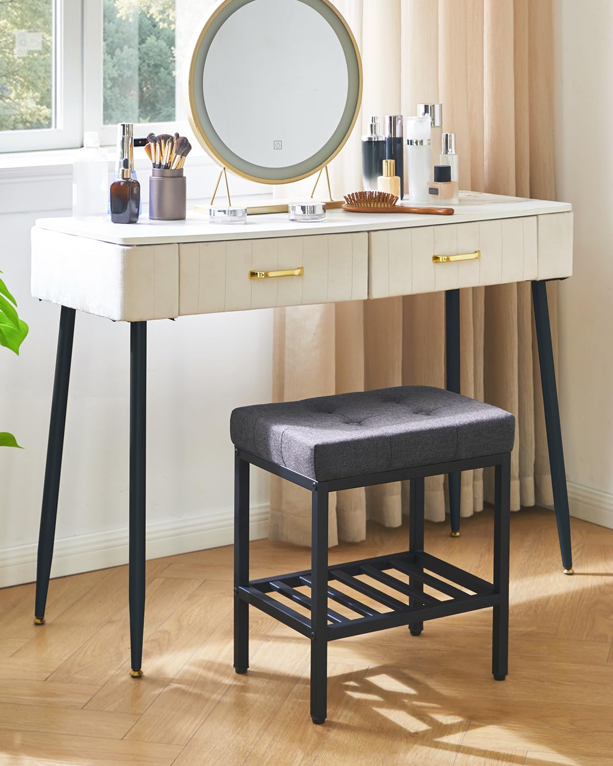 IBUYKE Silla de Maquillaje Rectangular con Patas Ajustables y Almacenamiento, Gris Oscuro