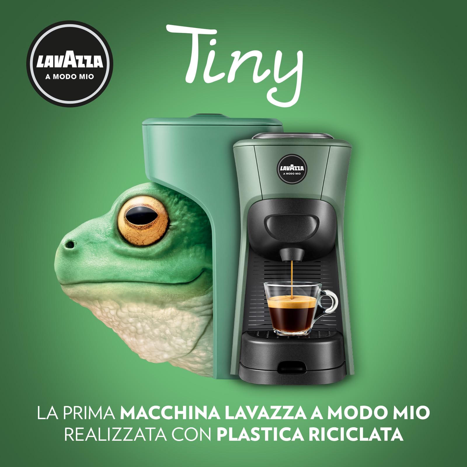Lavazza, A Modo Mio Machine à café Tiny Eco Vert avec 64 capsules ¡Tierra! Assorties, Machine à expresso en plastique recyclé, 1450 W, 220-240 V, 50/60 Hz, 0,6 litre