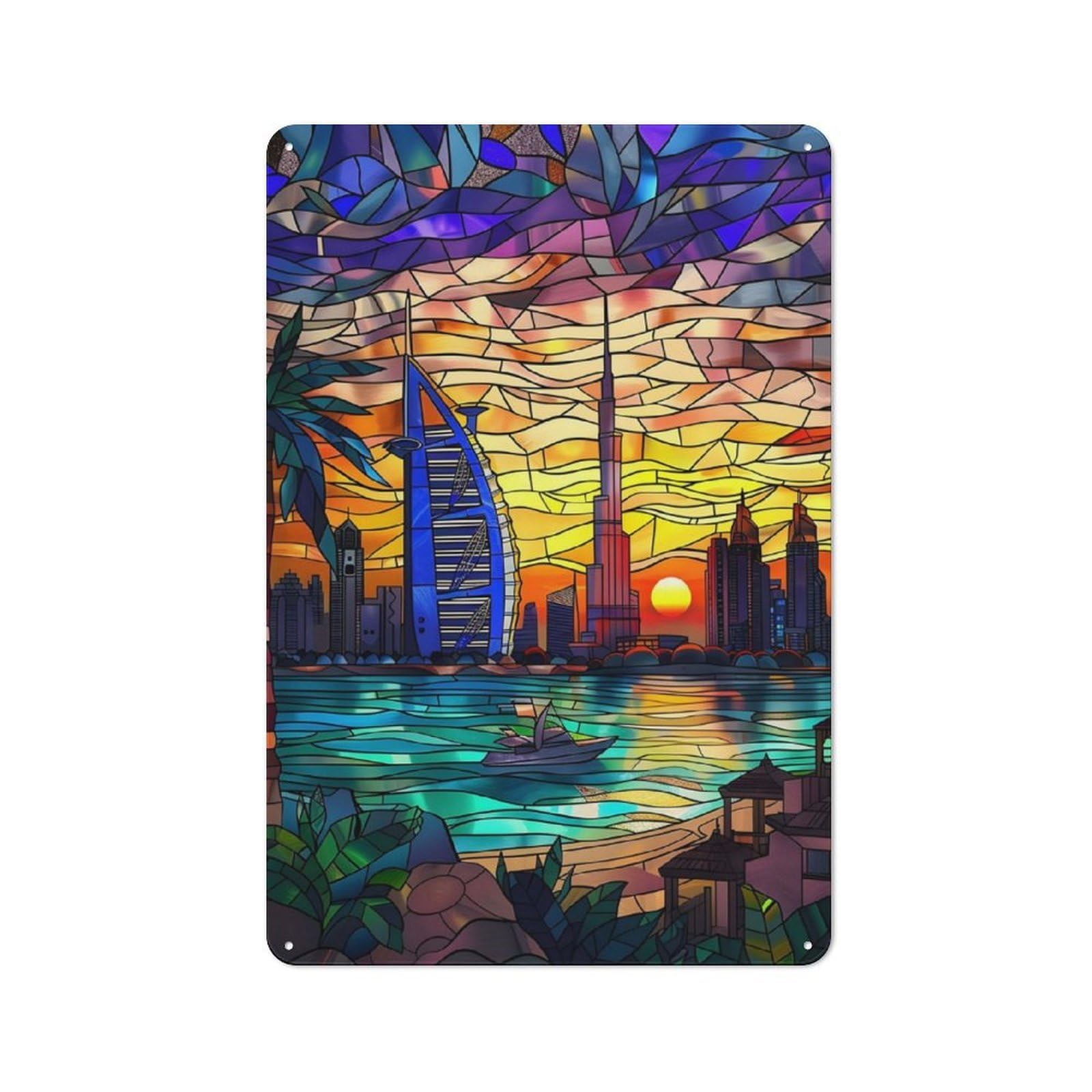 Junmoney Dubai Sunset Skyline Tin Wall Plaque 30X20cm With For Home Bar Wall, For Kitchen And Home Bar Decor, For Home Office And Studio Walls