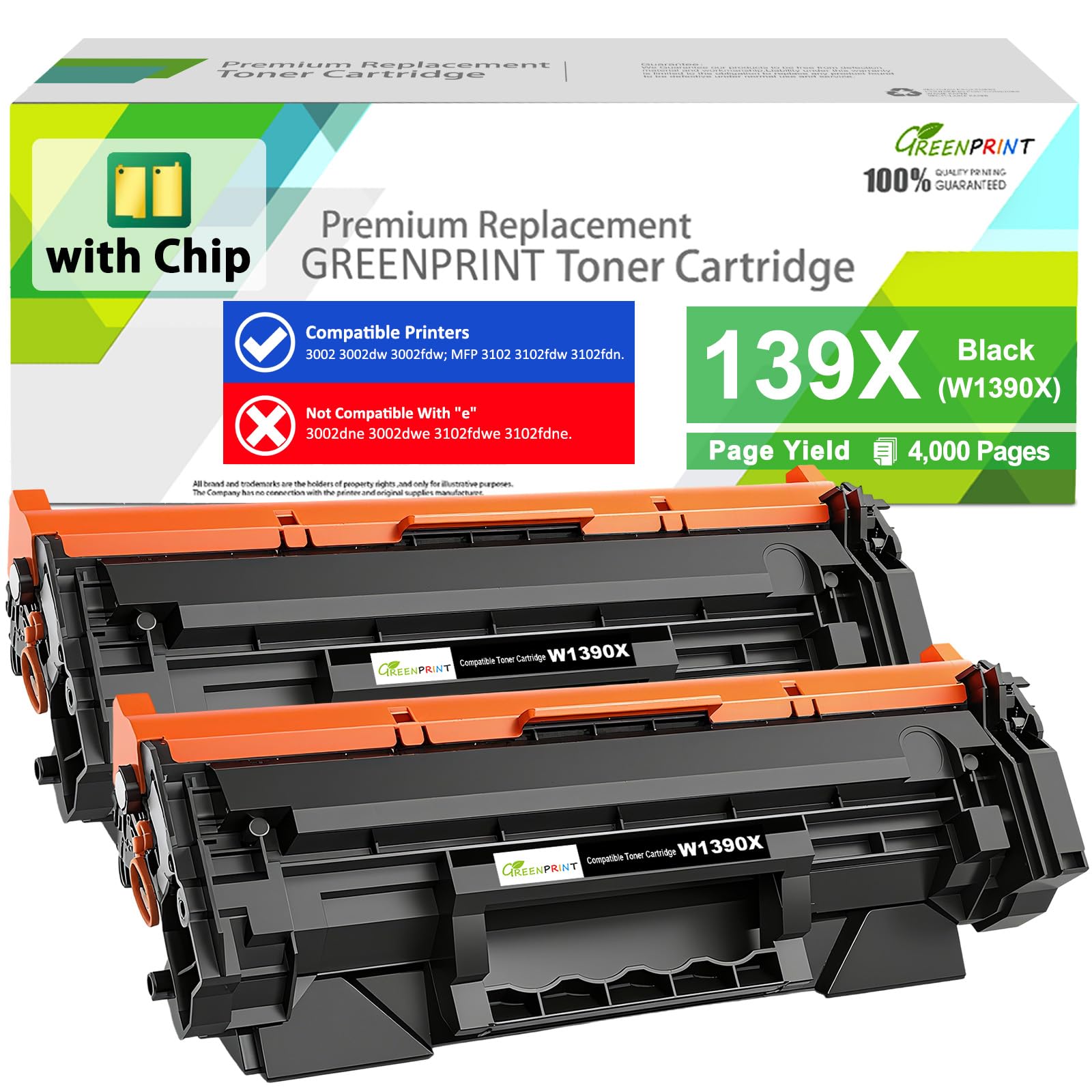 GREENPRINT 139X W1390X (139A W1390A) con CHIP Cartucce Toner Compatibili 2 Nero High Yield 4000 Pagine per 3002dw 3002fdw 3102fdw 3102fdn, Non Compatibile con H P+ Modelli che terminano con e