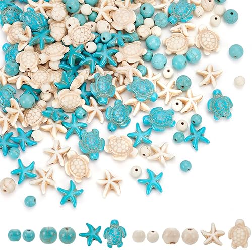 Miniatura 8 de arricraft Acerca de 218 cuentas de turquesa con temática de mar oceánico, 3 estilos, 2 colores surtidos de tortuga, estrellas de mar y cuentas