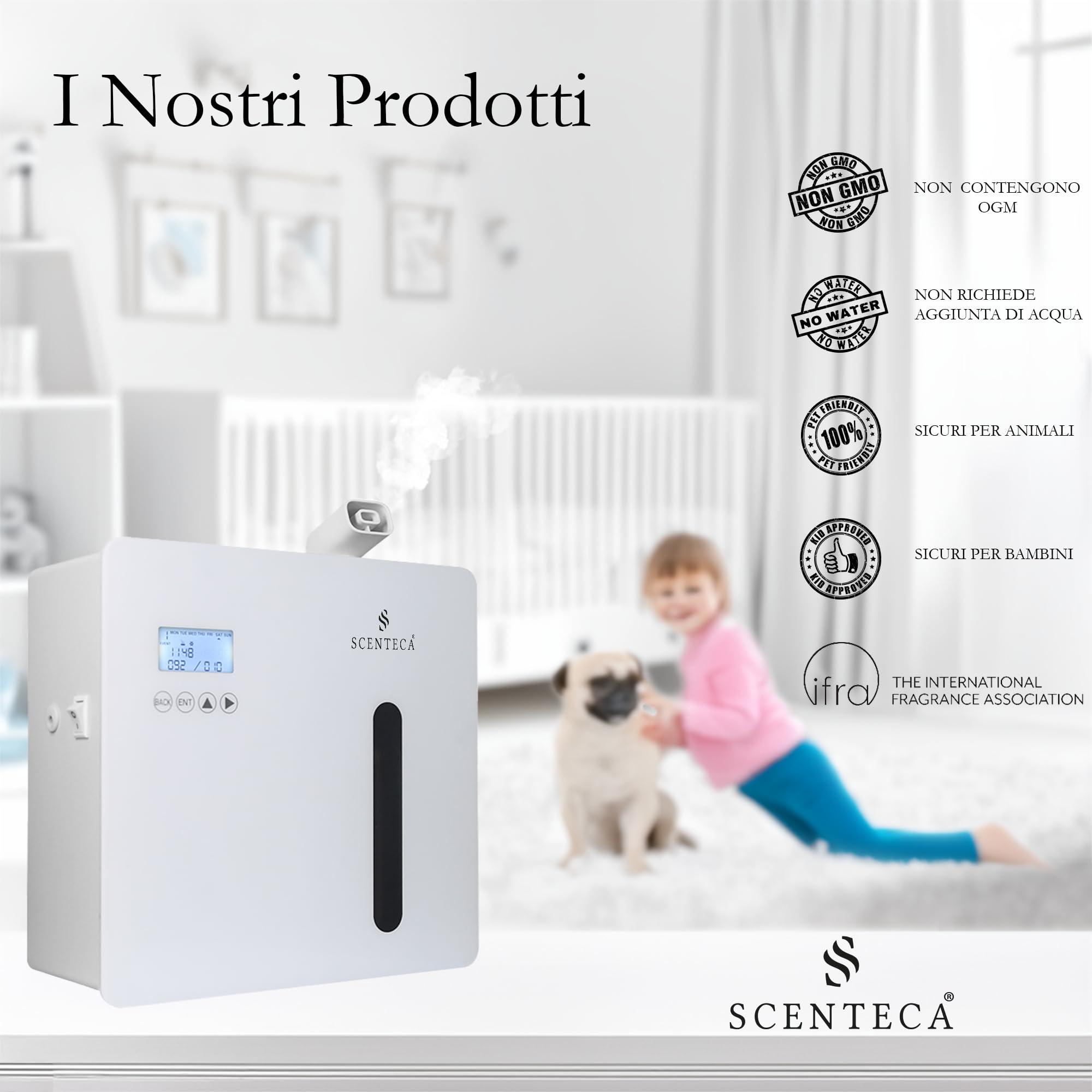 SCENTECA Diffusore elettrico Mod. AD-P7 di oli essenziali a nebulizzazione, con fragranza Tè Bianco e Fiori di Primavera inclusa, copre fino a 300 mq, per casa e ufficio (100 ml)