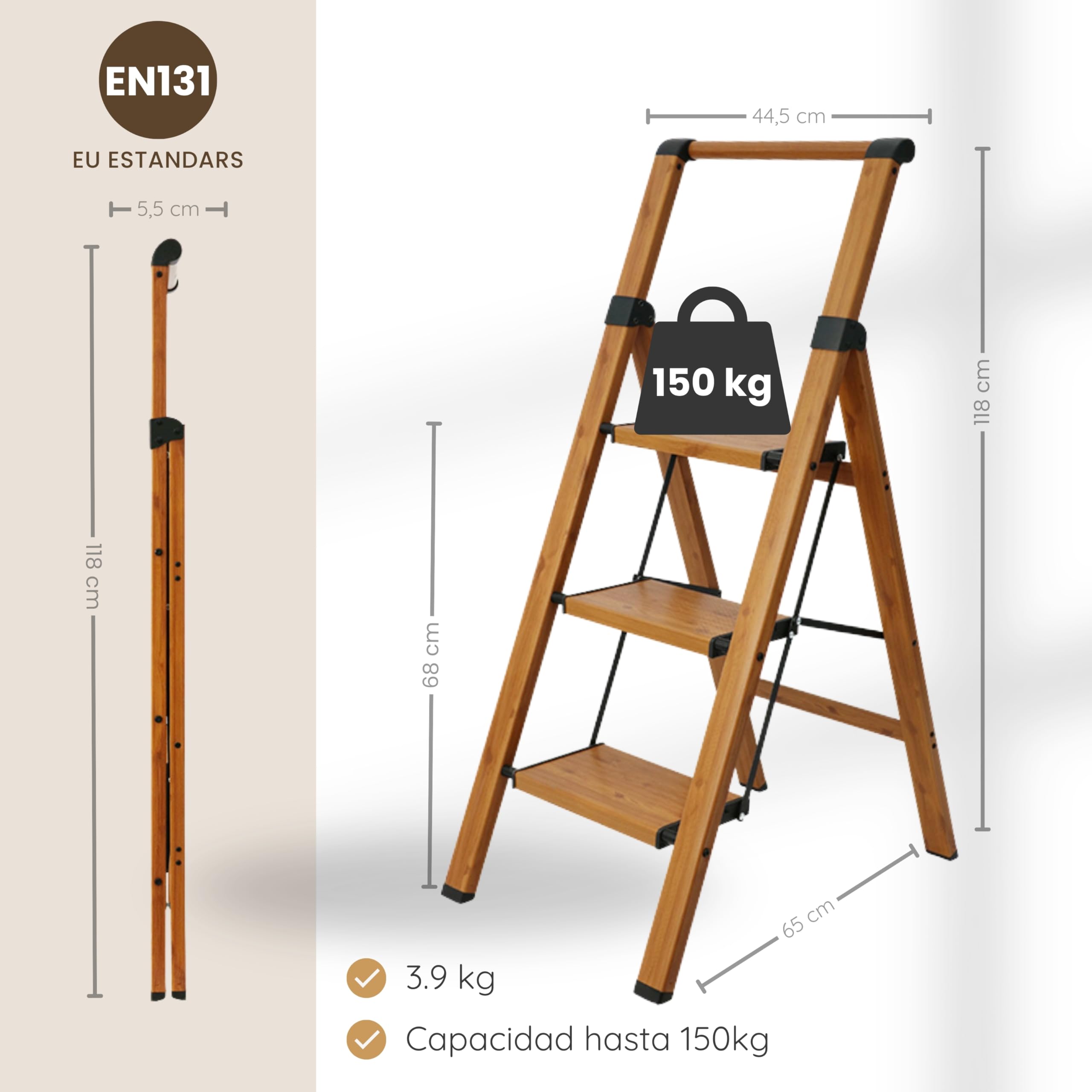 Escalera Plegable de Aluminio Efecto Madera para hogar y Cocina, 3 peldaños, peldaños Anchos Antideslizantes, EN 131 - 3