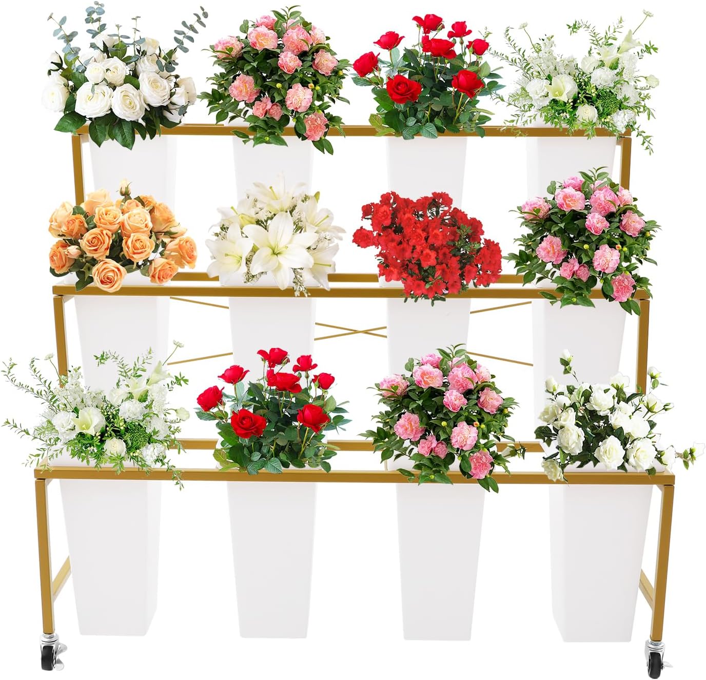 YIYIBYUS Flower Display Stand With 12PCS Buckets,3 Layers Plant Cart with Wheels,Heavy Duty Moving Flower Rack for Indoor, Outdoor Patio Garden, Living Room, Florist, Shipped in Two Parcels