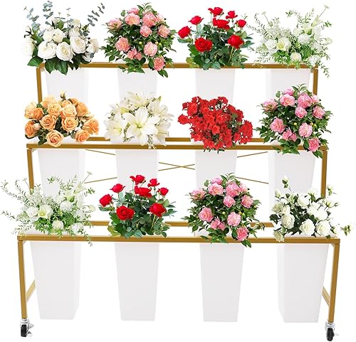Miniatura 9 de Soporte de exhibición de flores con 12 cubos, soporte de exhibición de carrito de flores de 3 capas con ruedas, estante de carrito de plantas