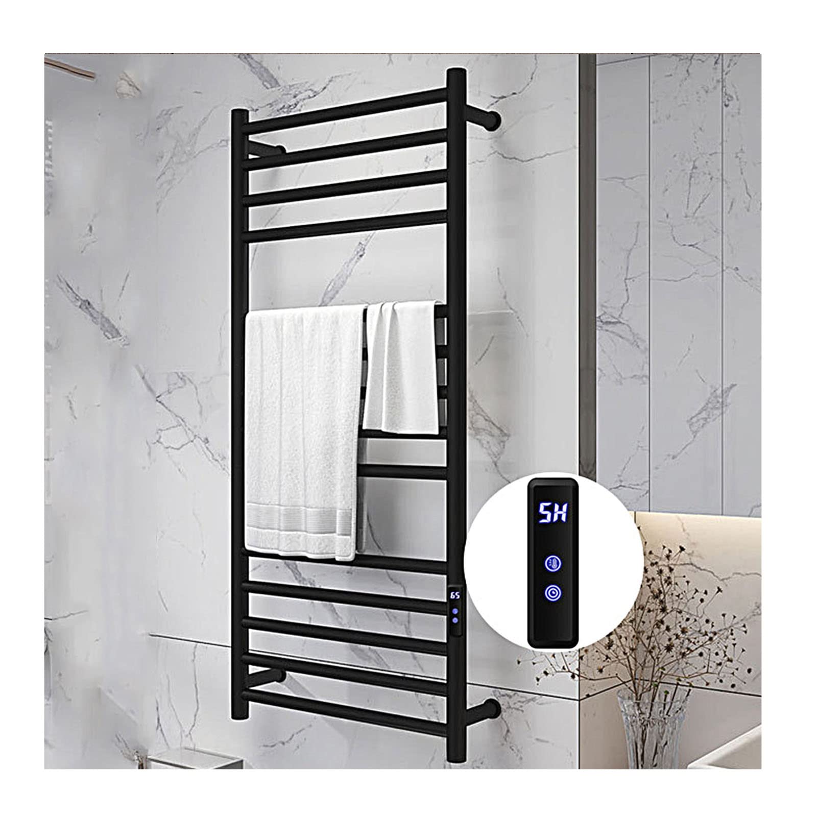 asdchZen Heated Towel Rack,S For Bathroom,304 Stainless Steel Wall-Mounted With Timer,14 Heating Rods,Black,Hardwired-Gold-Plugin,Black-Hardwired