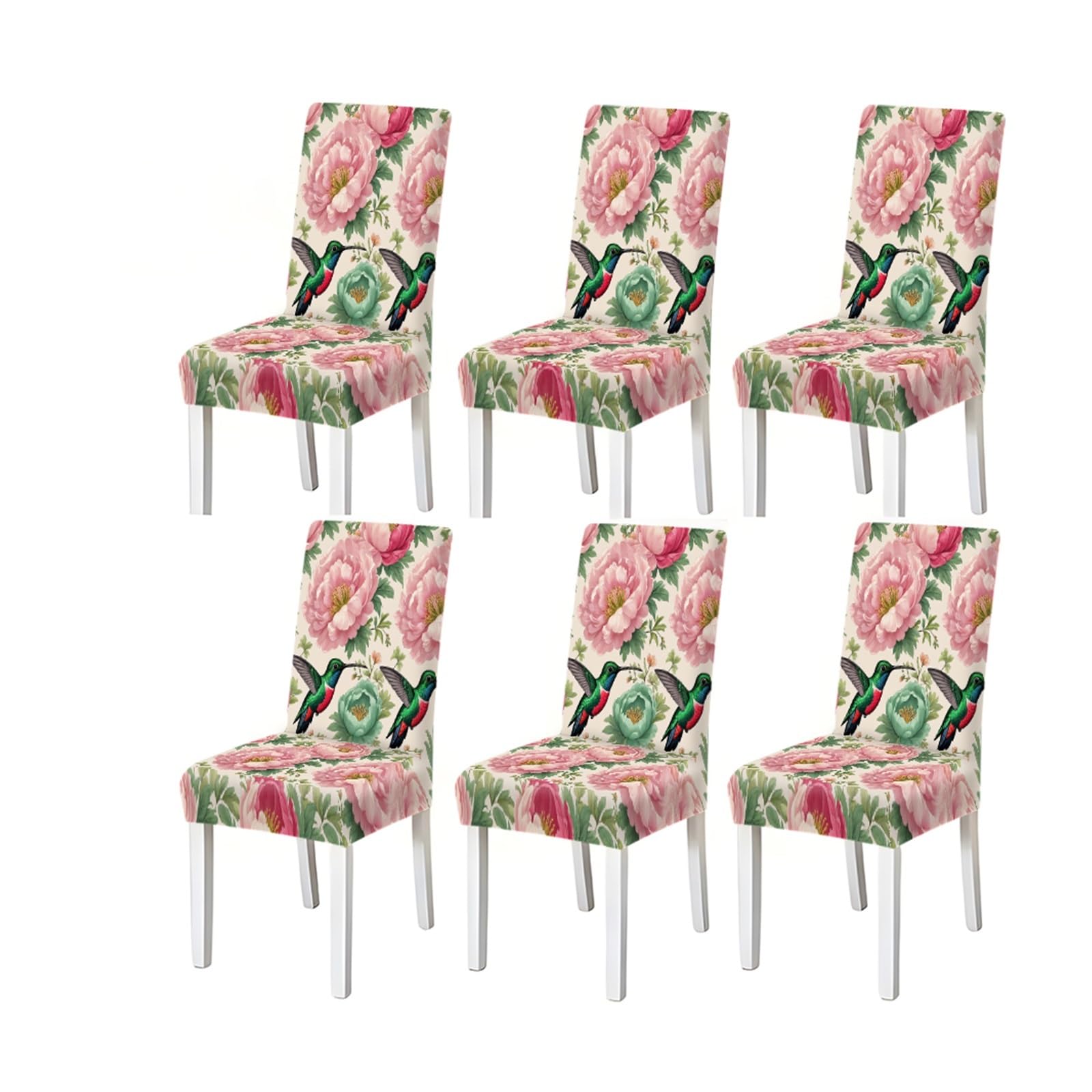 KXUAUV Burgundy Pink Peony Hummingbird Floral Pattern Print Dining Chair Covers Set Of 2/4/6, Stretch Slipcovers For Kitchen Dining Room Seat Protectors for Restaurant Hotel Party(6PCSChair cover)