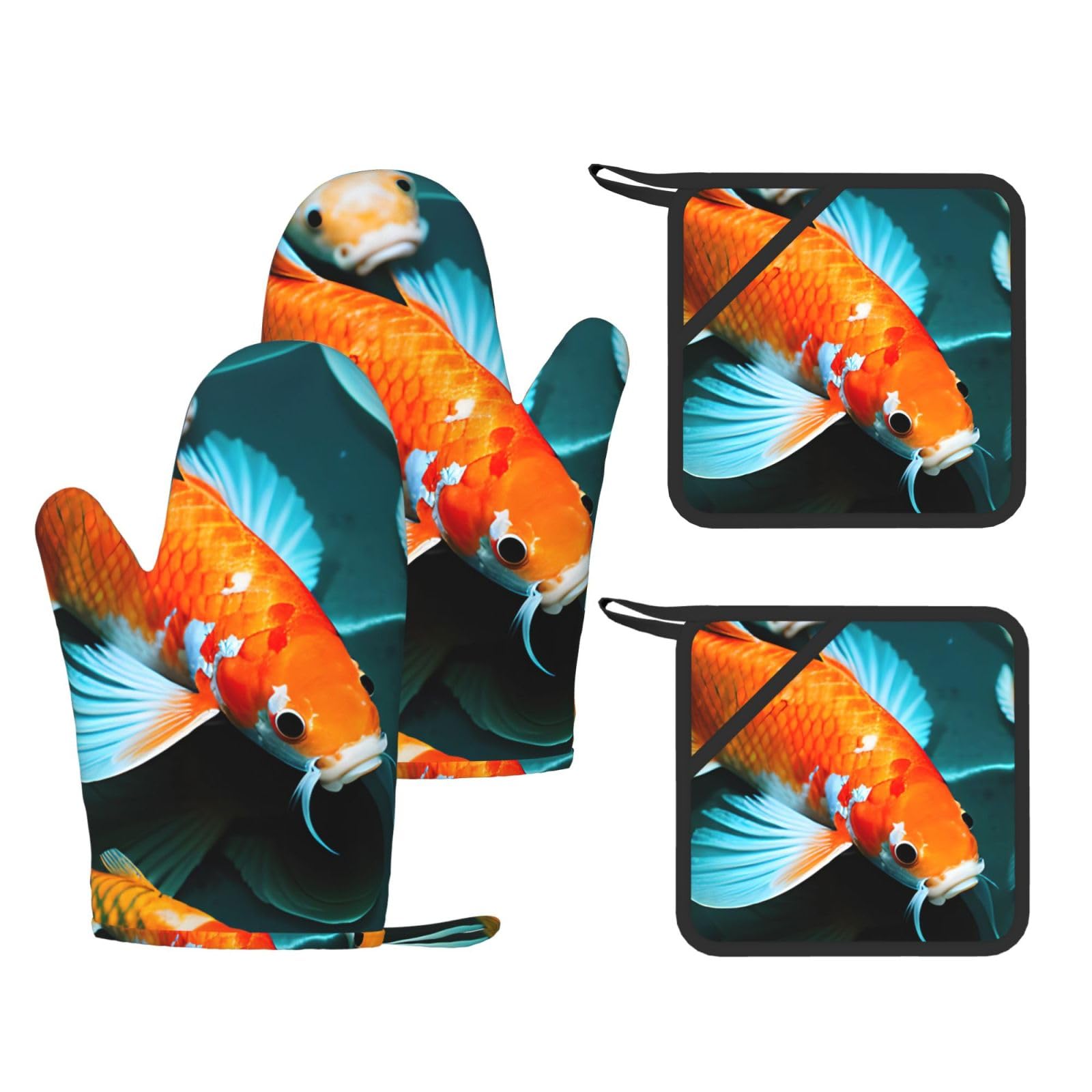 Lot de 4 gants de cuisine en silicone motif poissons koï HD