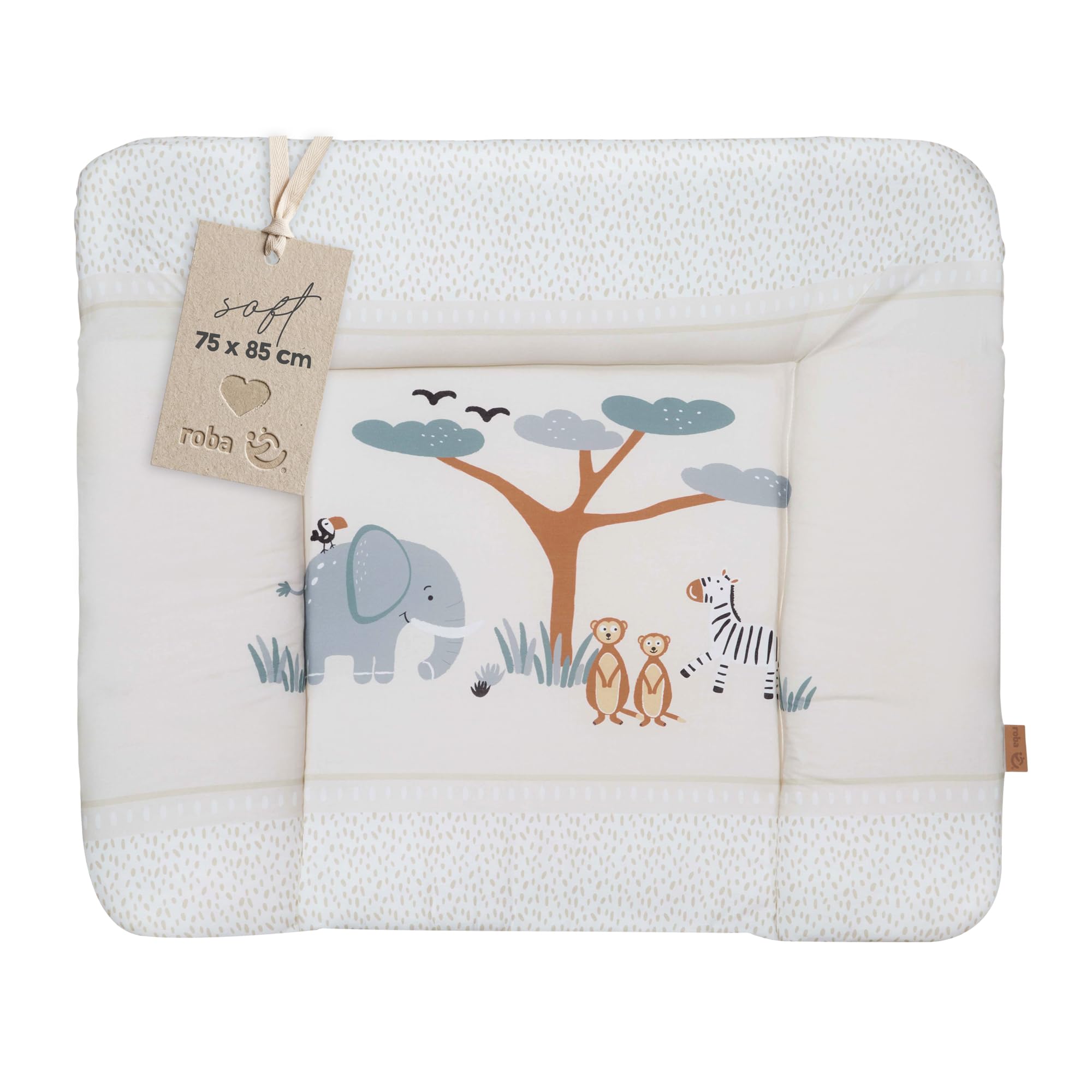 roba Wickelauflage Savanna Friends - 85 x 75 cm - Wickelunterlage für Babys PU-beschichtet - Abwischbar & pflegeleicht - Elefant, Zebra, Erdmännchen & Co. - Beige