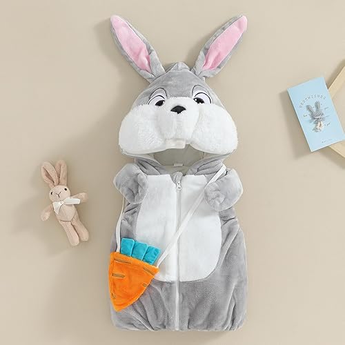 Miniatura 2 de Disfraz de conejito para bebé, niña, niño, con capucha para el día de Pascua, lindo chaleco con orejas de conejo, bolsa de zanahoria, trajes de