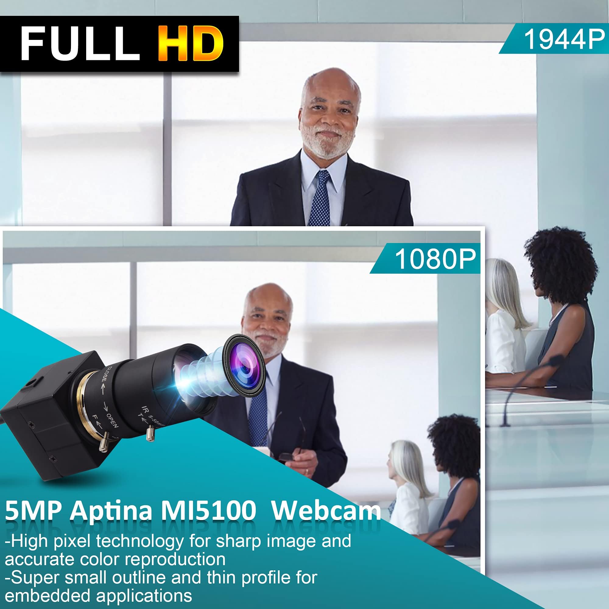 ELP Webcam; 5–50 mm Manual Lens; Variable Focus; HD Camera USB Compatible with Mac OS and Windows, Linux, Android, Computer Web Camera for Video Conferences