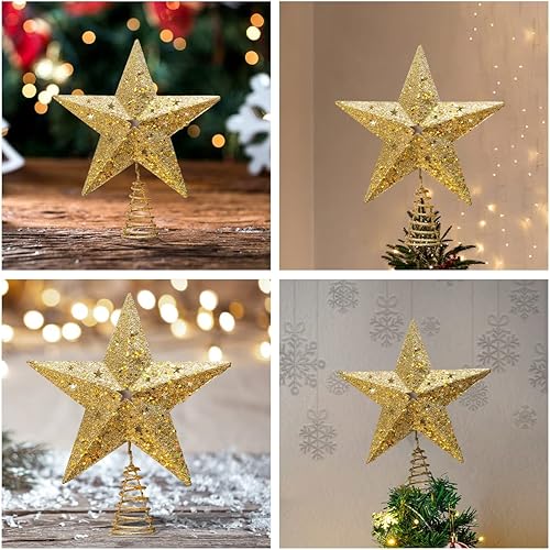 Miniatura 7 de Joiedomi Decoración para árbol de Navidad, estrella dorada iluminada con proyector LED giratorio de arco iris para decoración de árbol de Navidad,