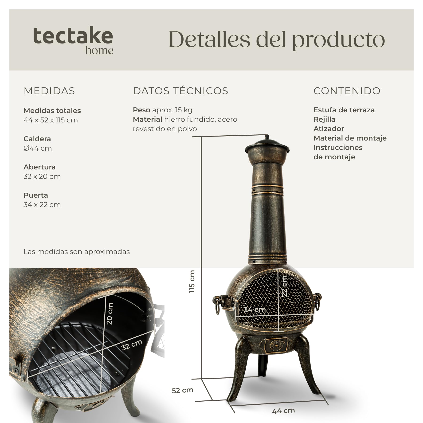 tectake® Estufa de Hierro Fundido Exterior, 44 x 52 x 115 cm, Chimenea con Puerta Anti-chispas, Parrilla Extraíble, Tapa para Tiro, Incluye Atizador, Ideal para Terraza Exterior y Jardín