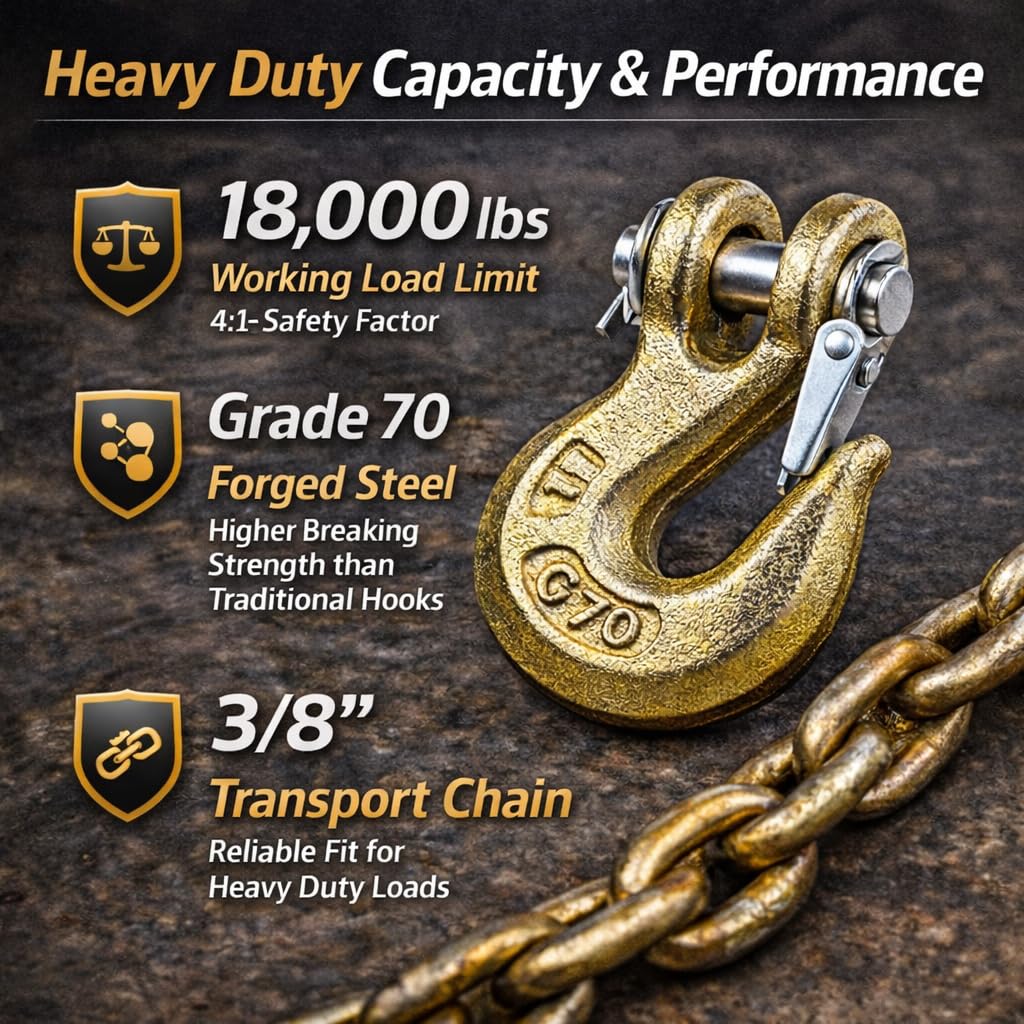 3/8" Chain Hook, 4 Pack Trailer Safety Chain Hooks, Clevis Slip Hook Heavy Duty with Safety Latch, Grade 70 Forged Steel 18,000 Lb for Trailer Truck Transport Tow Winch Hook.