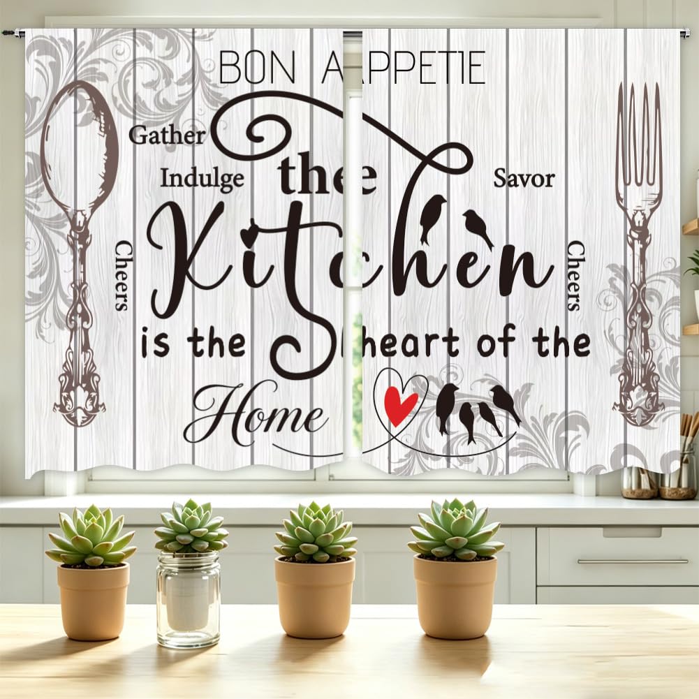 PRESSINART 2 Panels Rustic Farmhouse Kitchen Curtains 55 x 39 Inch, Kitchen Curtains with Words Fork Spoon Vintage Country Printed Small Short Rod Pocket Cafe Window Drapes for Over Sink Window Decor