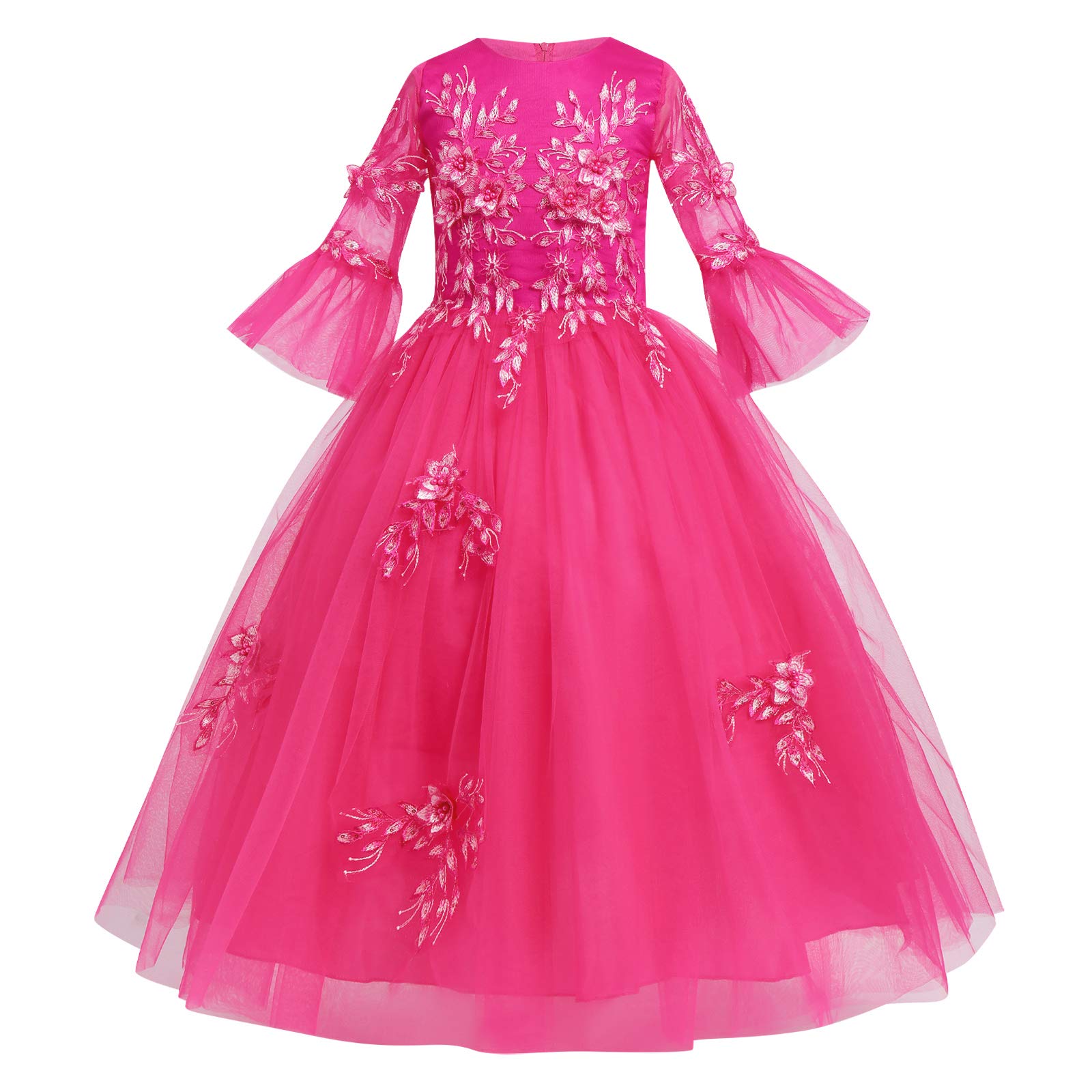 Girls Flower Vintage Floral Lace 3/4 Sleeves Floor Length Dress Wedding Party Evening Formal Pegeant Dance Gown