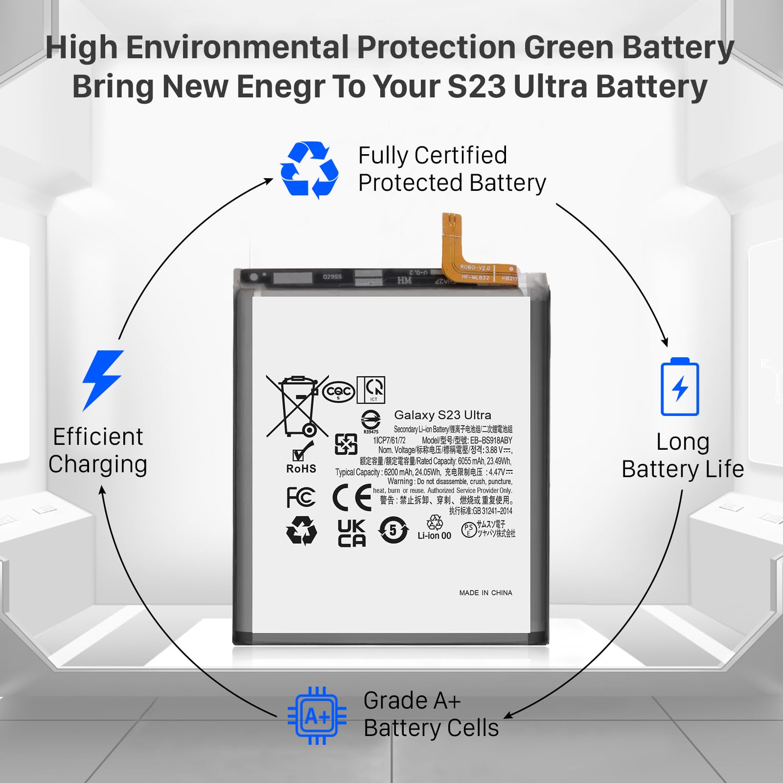 Akku für Galaxy S23 Ultra, 6200mAh EB-BS918ABY Ersatzakku für Galaxy S23 Ultra SM-S918U SM-S918B SM-S918U1 mit Reparaturwerkzeug (Nicht für S23)